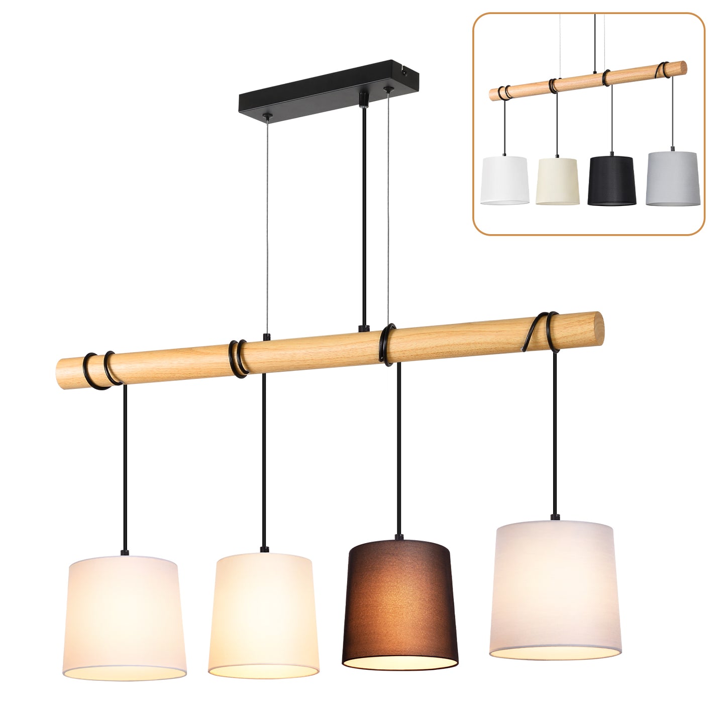ZMH Pendelleuchte Esstisch H?ngelampe Vintage - Esszimmerlampe Holz E14 H?ngeleuchte 4 Flammig K¨¹che Wei? Esstischlampe aus Stoff Pendellampe Metall f¨¹r Esszimmer Wohnzimmer Arbeitzimmer B¨¹ro
