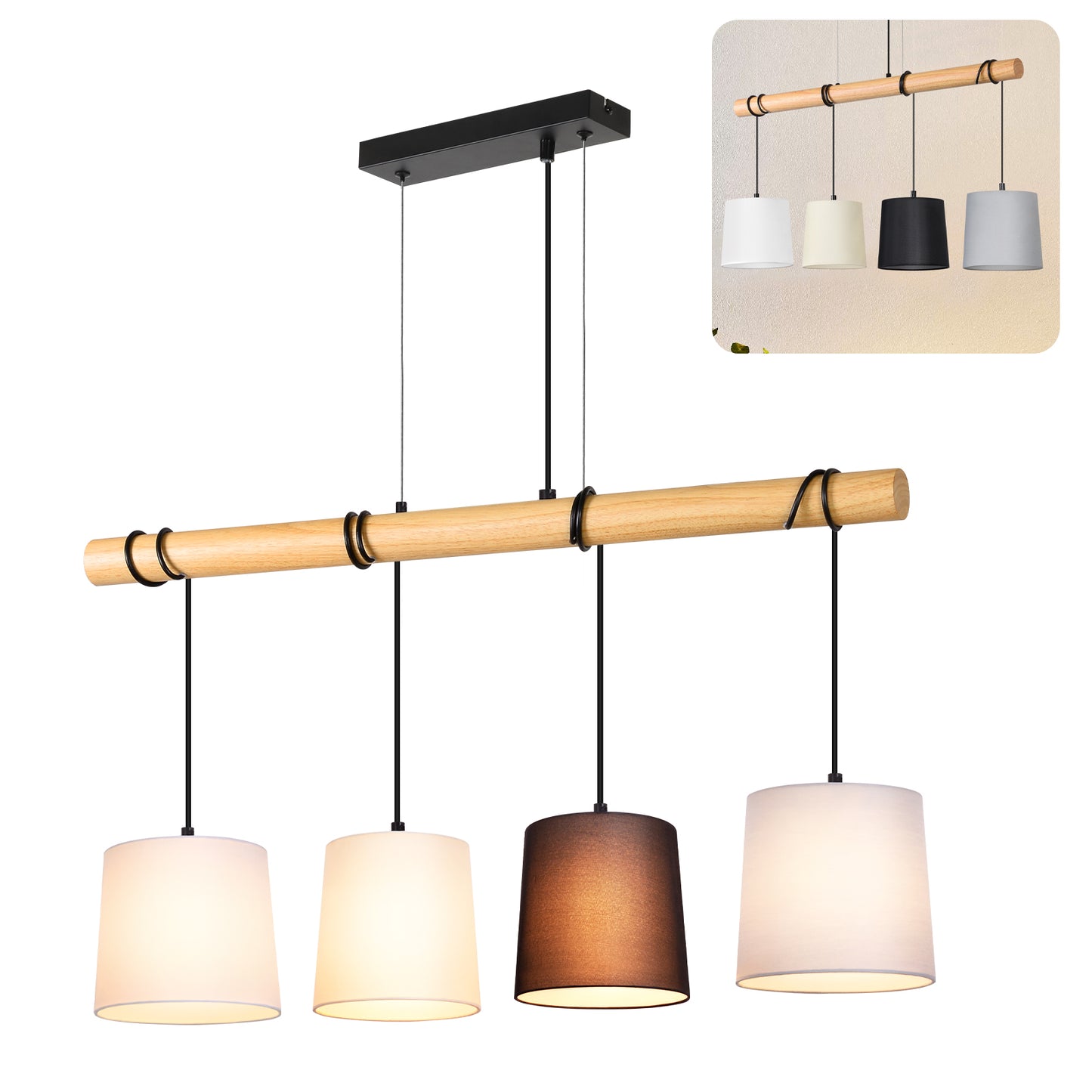 ZMH Pendelleuchte Esstisch H?ngelampe Vintage - Esszimmerlampe Holz E14 H?ngeleuchte 4 Flammig K¨¹che Wei? Esstischlampe aus Stoff Pendellampe Metall f¨¹r Esszimmer Wohnzimmer Arbeitzimmer B¨¹ro