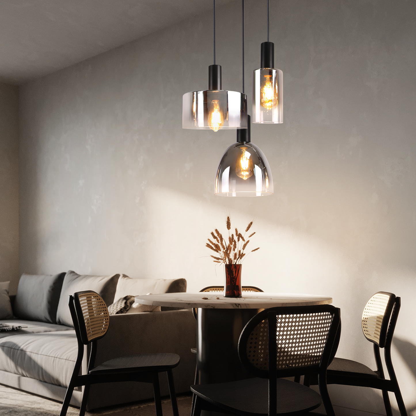 Pendelleuchte Wohnzimmer H?ngelampe 3 Flammig H?ngeleuchte-E27 Vintage Esszimmerlampe H?ngend Pendellampe H?henverstellbar Rauchgrau Glas f¨¹r Schlafzimmer Wohnzimmer (ohne Leuchtmittel)