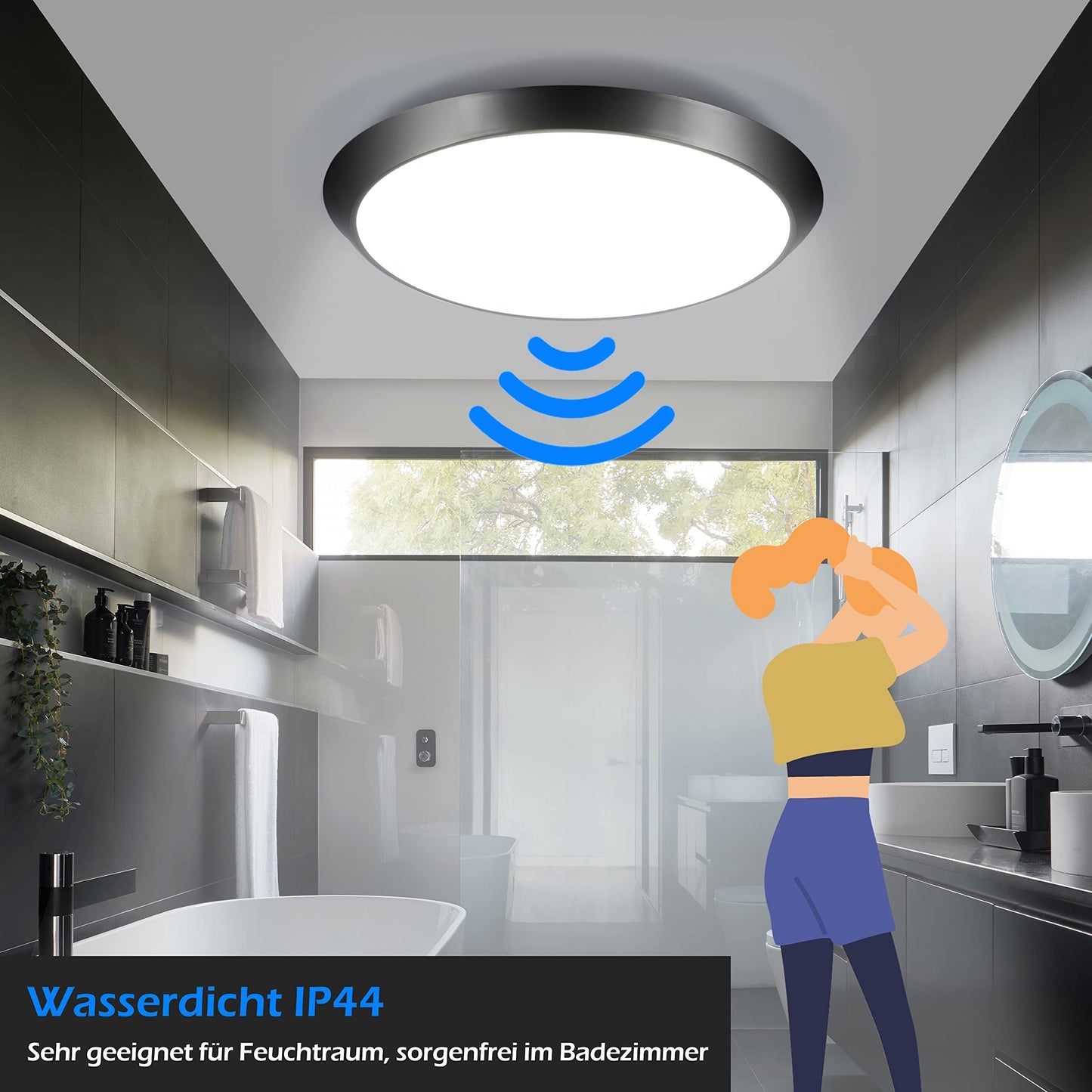 ZMH LED Deckenleuchte mit Bewegungsmelder Innen 15W LED Deckenlampe mit Bewegungssensor I IP44 Wasserdicht Sensor Lampe Schwarz Rund f¨¹r Flur Treppe Garage Balkon Keller Werkstatt ?30cm