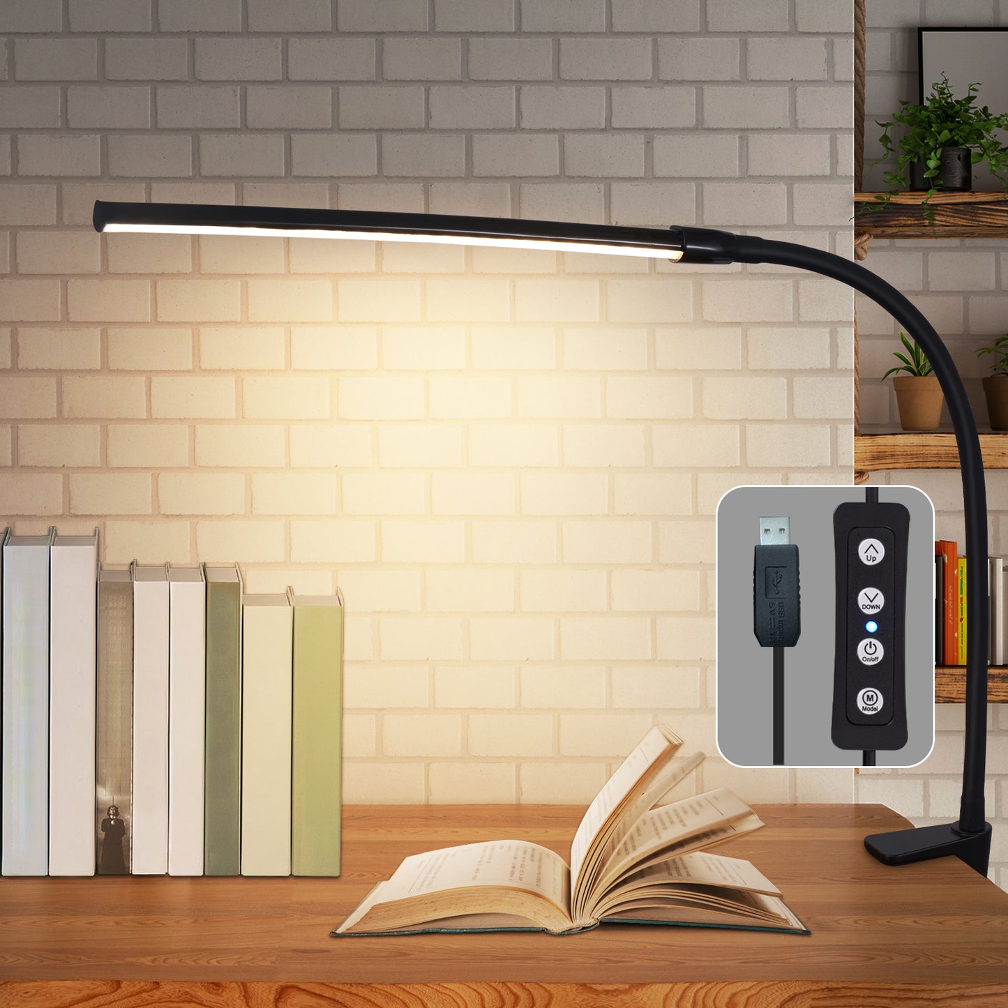 ZMH Schreibtischlampe LED Klemmbar - Schreibtischleuchte Schwarz 3 Farben und 5 Helligkeitsstufen USB 5W Tageslichtlampe Augenschutz Schwanenhals Tischlampe f¨¹r B¨¹ro Arbeitszimmer Schneider