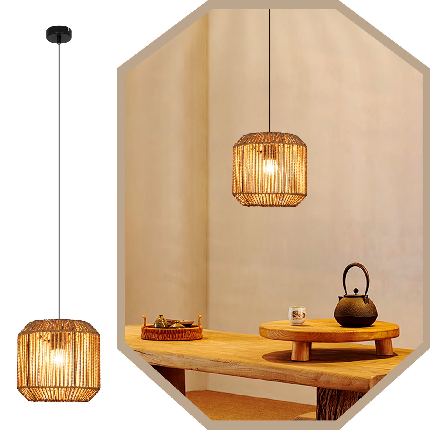 Pendelleuchte Esstisch H?ngelampe Vintage - Pendellampe Esszimmer 1 Flammig Esstischlampe Hanfseil Laterne Design E27 H?ngeleuchte f¨¹r Schlafzimmer Wohnzimmer Flur(Ohne Leuchtmittel)