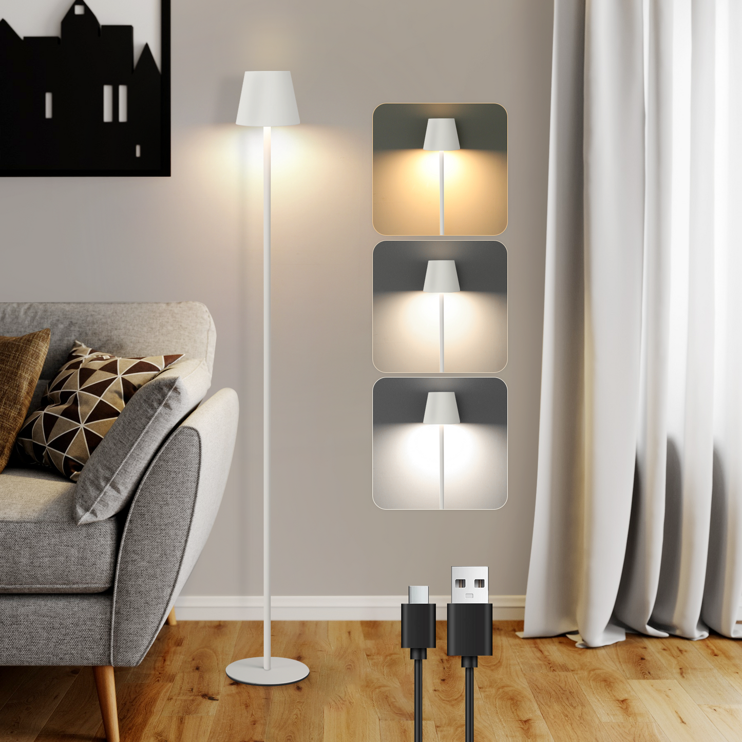 ZMH Stehlampe Wohnzimmer LED Dimmbar Stehleuchte - Modern USB Akku Standleuchte Lampe mit 3 Farbtemperaturen Wei? Stehlampe f¨¹r Schlafzimmer Arbeitszimmer und B¨¹ro 125 cm
