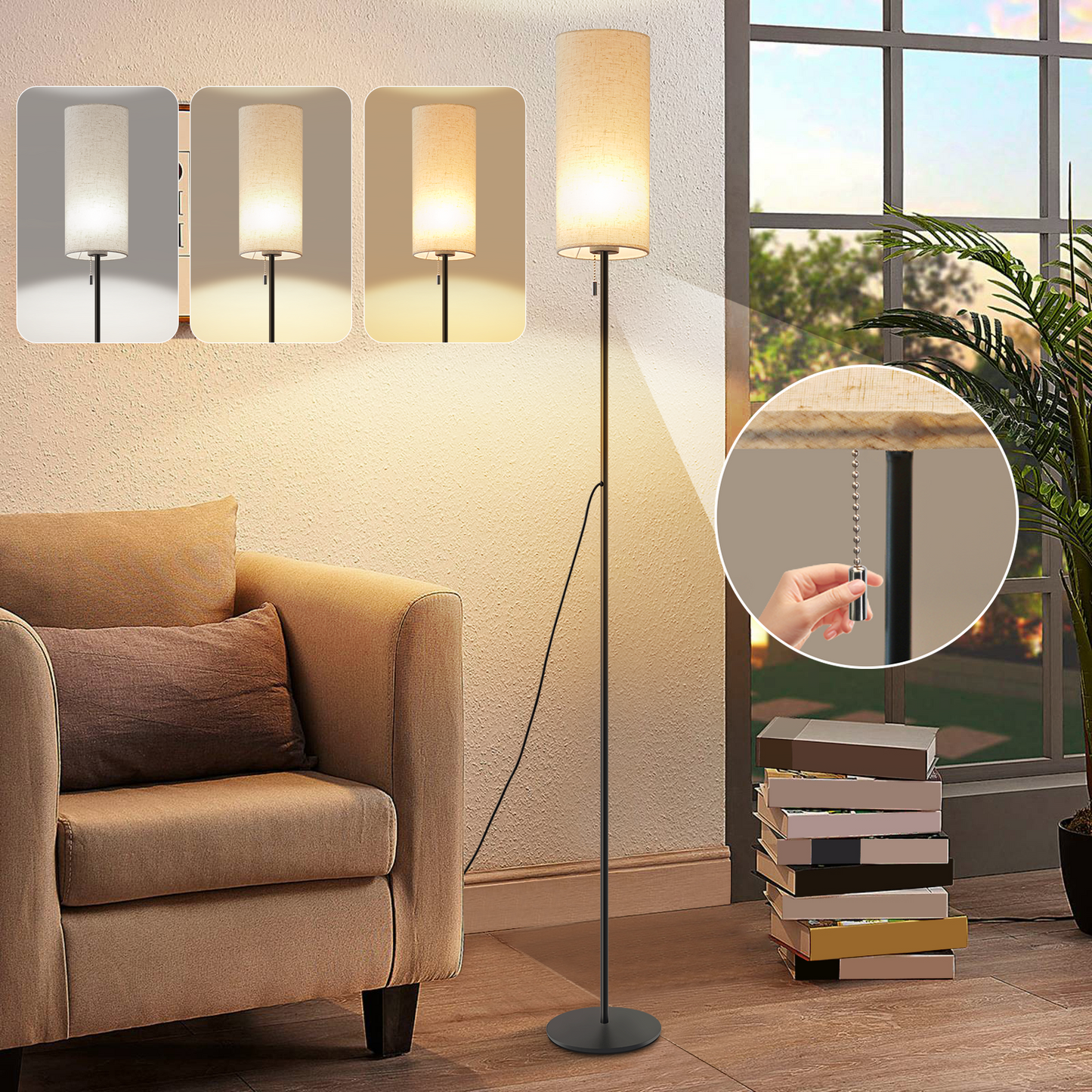 ZMH Stehlampe Wohnzimmer Dimmbar Stehleuchte: LED Standleuchte 3 Farbtemperaturen Vintage Beige Lampenschirm Standlampe mit Seilzugschalter Retro Stoff Leselampe f¨¹r Schlafzimmer Esszimmer B¨¹ro