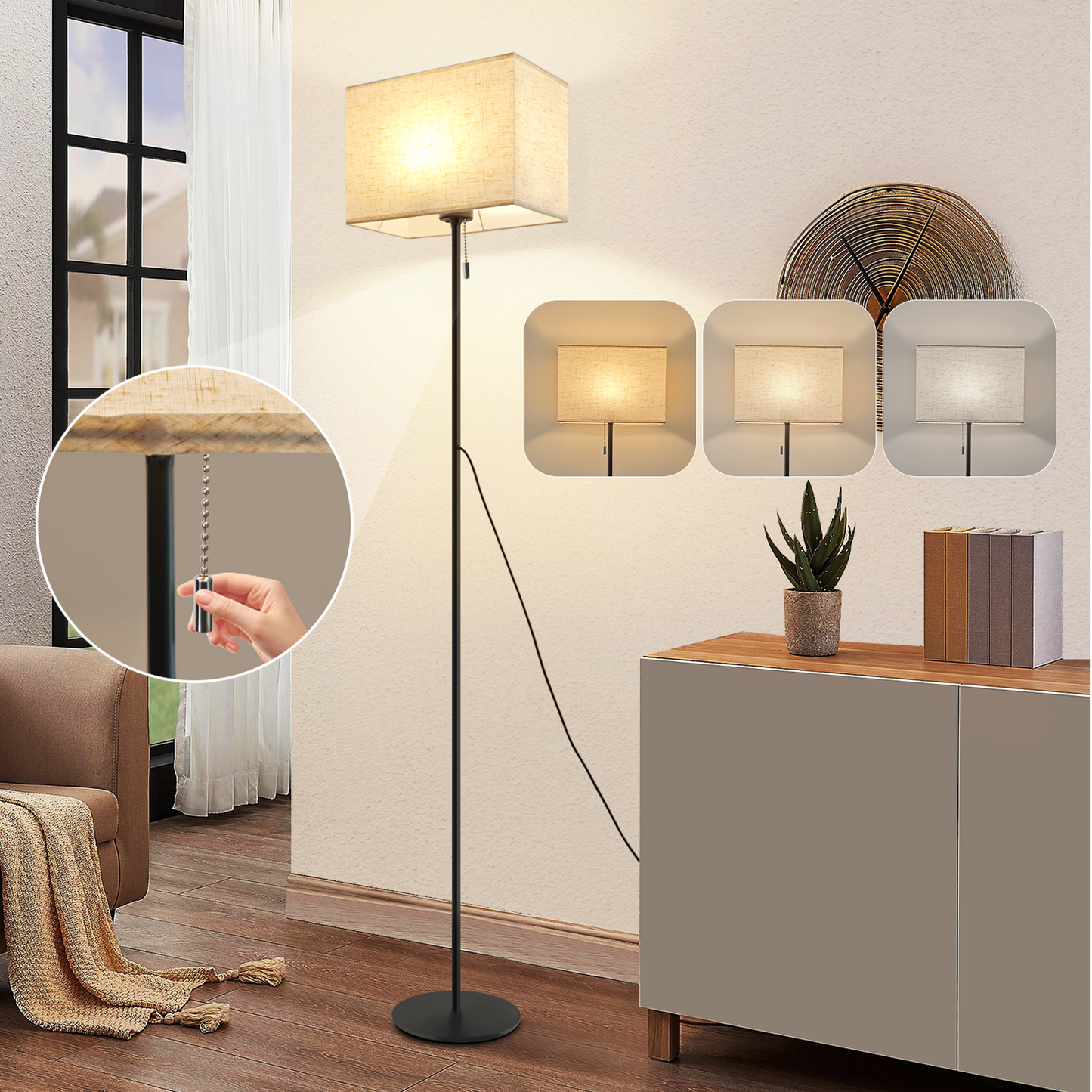 ZMH Stehlampe Wohnzimmer Vintage Stehleuchte: LED Dimmbar Standleuchte 134cm Standlampe Beige Lampenschirm 3000K-6500K Wohnzimmerlampe Seilzugschalter Retro Stoff Leselampe f¨¹r Schlafzimmer B¨¹ro