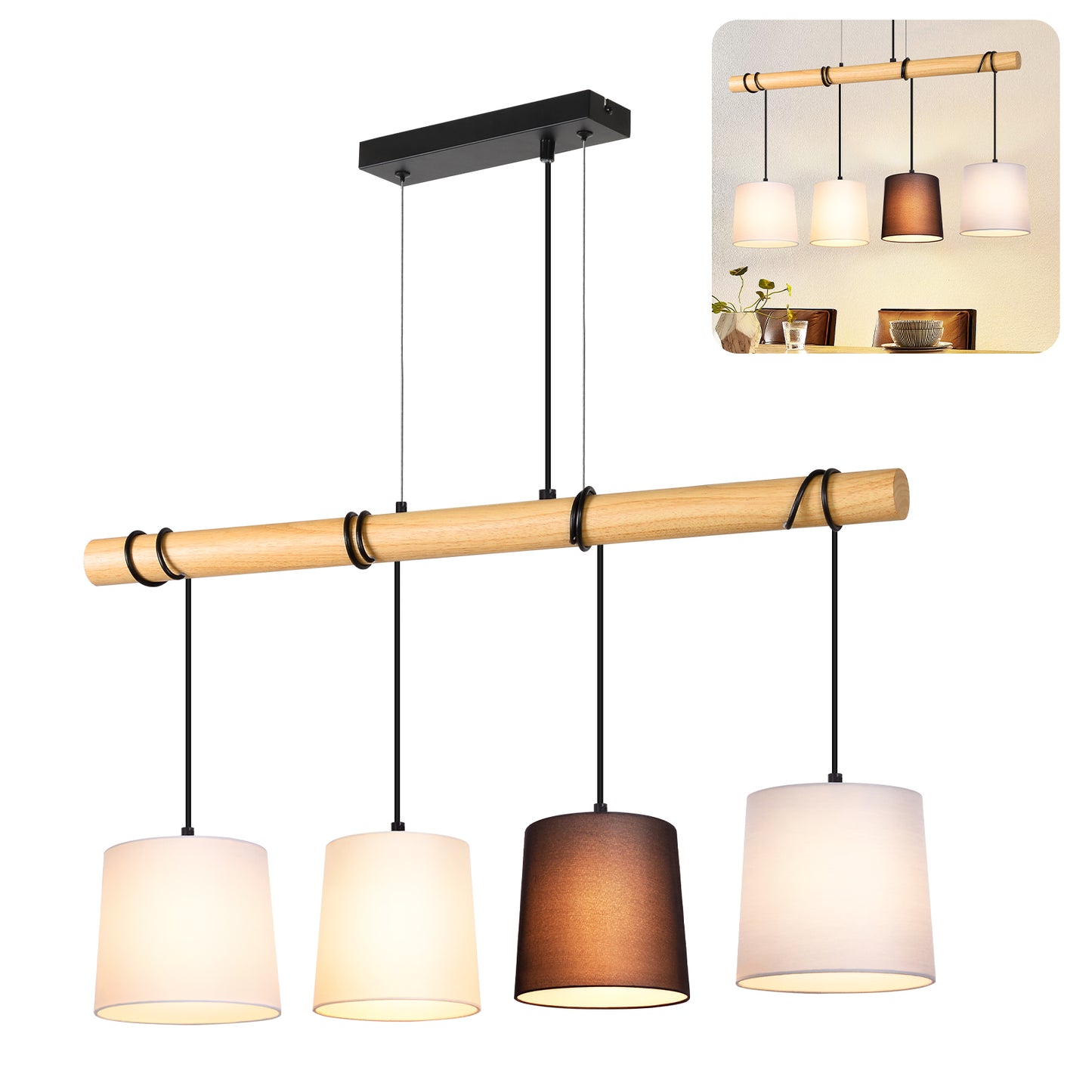 ZMH Pendelleuchte Esstisch H?ngelampe Vintage - Esszimmerlampe Holz E14 H?ngeleuchte 4 Flammig K¨¹che Wei? Esstischlampe aus Stoff Pendellampe Metall f¨¹r Esszimmer Wohnzimmer Arbeitzimmer B¨¹ro