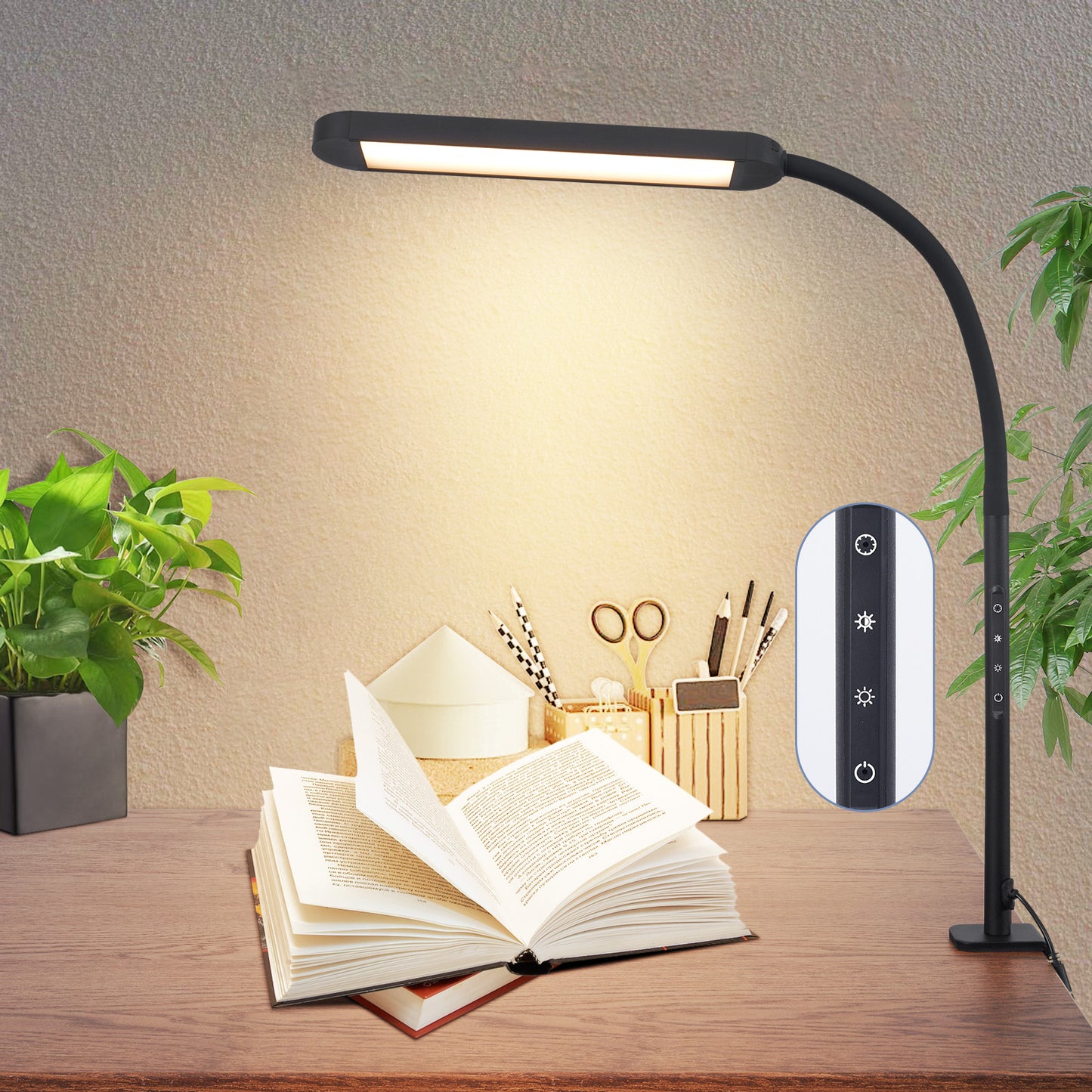 ZMH Schreibtischlampe LED Klemmbar - Dimmbar Schreibtischleuchte Schwarz 5 Farben und 5 Helligkeitsstufen 11W Tageslichtlampe Augenschutz Schwanenhals Tischlampe f¨¹r B¨¹ro Arbeitszimmer Schneider