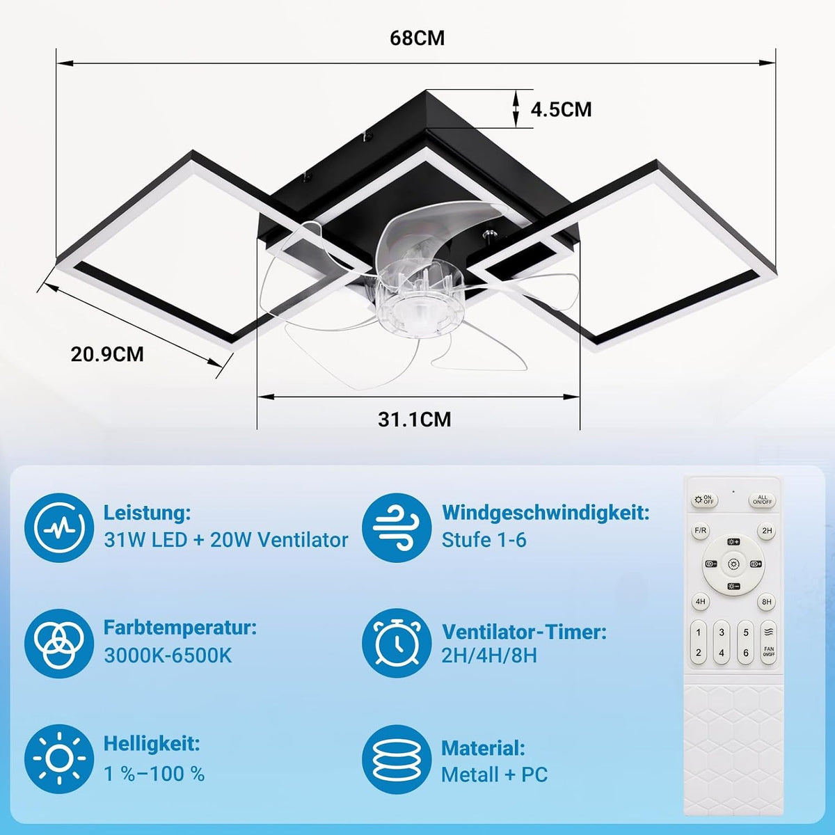 ZMH LED Deckenventilator mit Beleuchtung und Fernbedienung Dimmbar