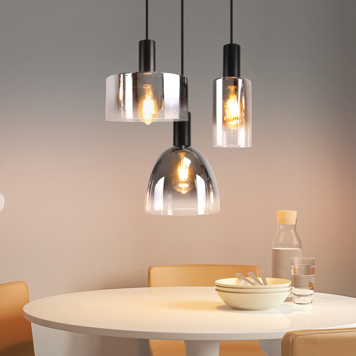 Pendelleuchte Wohnzimmer H?ngelampe 3 Flammig H?ngeleuchte-E27 Vintage Esszimmerlampe H?ngend Pendellampe H?henverstellbar Rauchgrau Glas f¨¹r Schlafzimmer Wohnzimmer (ohne Leuchtmittel)