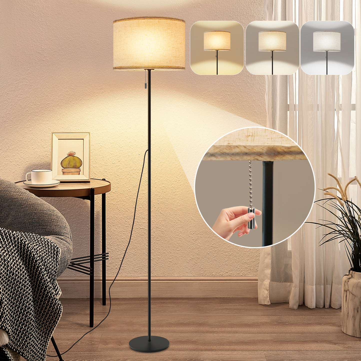 ZMH Stehlampe Wohnzimmer Vintage Stehleuchte: LED Dimmbar Standleuchte 136cm Standlampe Beige Lampenschirm 3000K-6500K Wohnzimmerlampe Seilzugschalter Retro Stoff Leselampe f¨¹r Schlafzimmer B¨¹ro