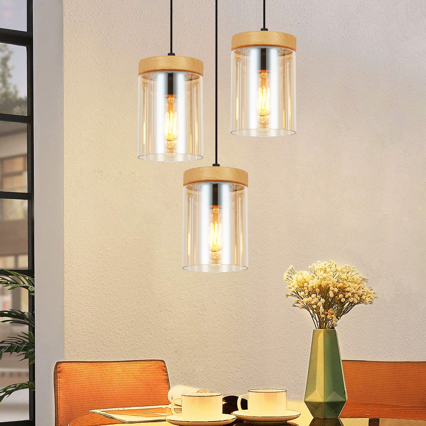 Pendelleuchte Esstisch Esszimmerlampe H?ngend - H?ngelampe Wohnzimmer Glas Esstischlampe Schlafzimmer 3 Flammig E27 H?ngeleuchte Vintage Pendellampe H?henverstellbar f¨¹r K¨¹che(ohne Leuchtmittel)