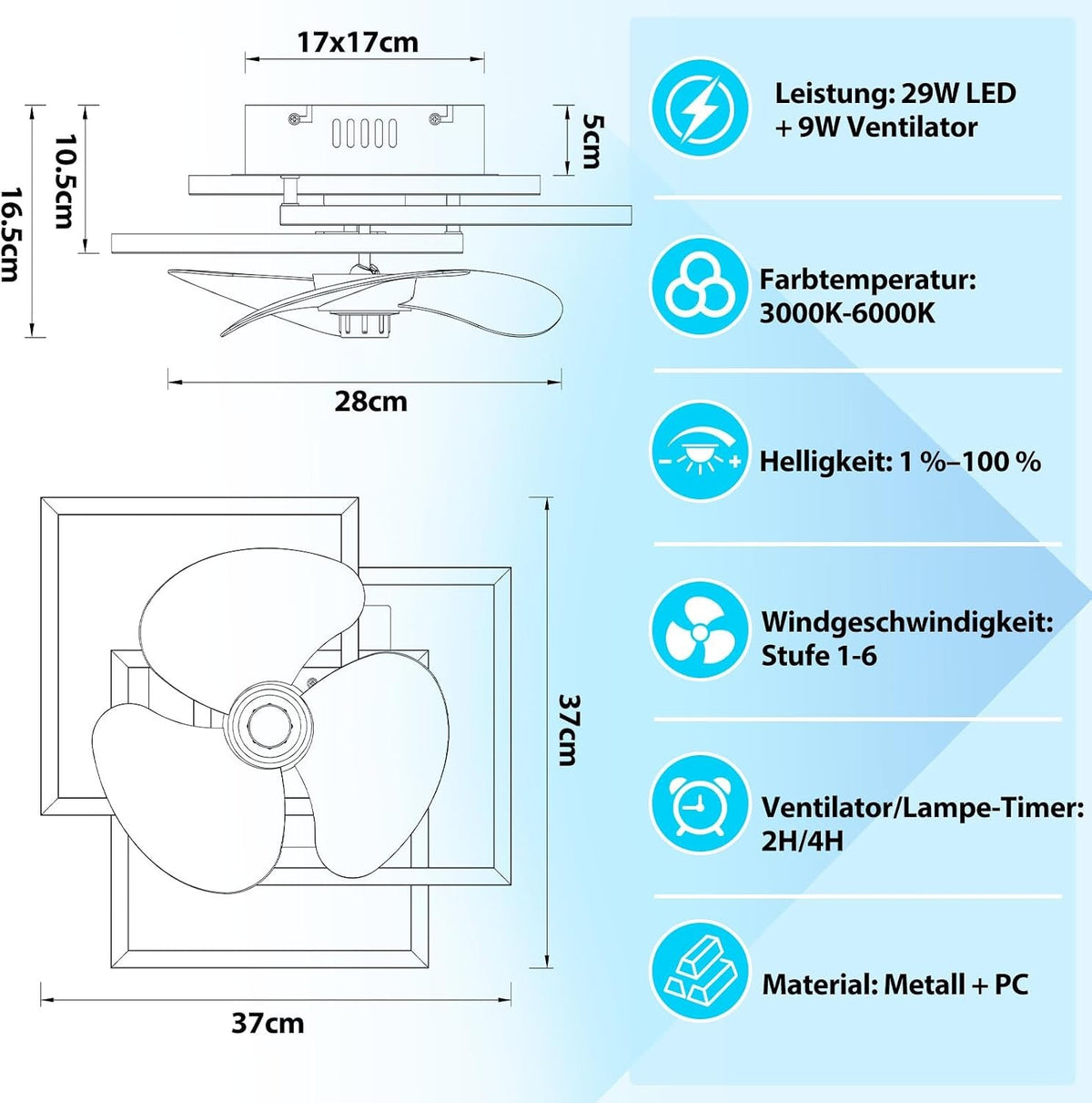 ZMH LED Deckenventilator mit Licht Modern Schwarz 29W Dimmbare