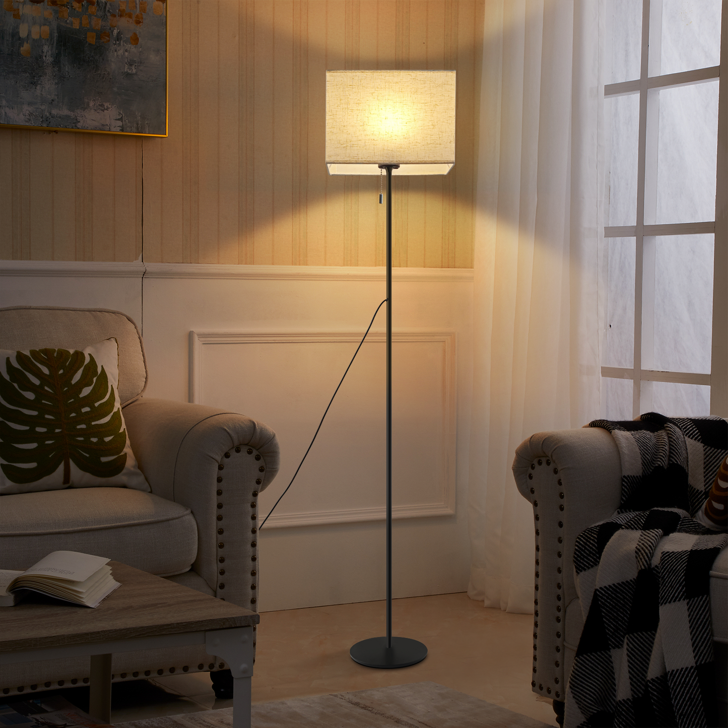 ZMH Stehlampe Wohnzimmer Vintage Stehleuchte: LED Dimmbar Standleuchte 134cm Standlampe Beige Lampenschirm 3000K-6500K Wohnzimmerlampe Seilzugschalter Retro Stoff Leselampe f¨¹r Schlafzimmer B¨¹ro