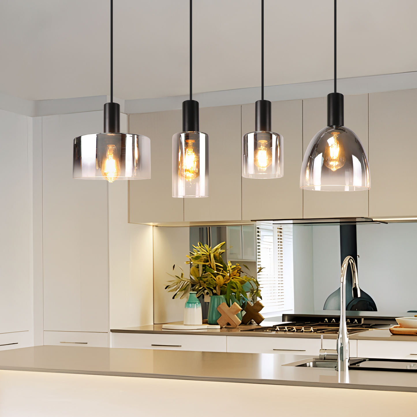 Pendelleuchte H?ngelampe Esstisch 4 Flammig H?ngeleuchte- E27 Vintage Esszimmerlampe H?ngend Pendellampe H?henverstellbar Glas Retro f¨¹r Schlafzimmer Wohnzimmer (ohne Leuchtmittel)