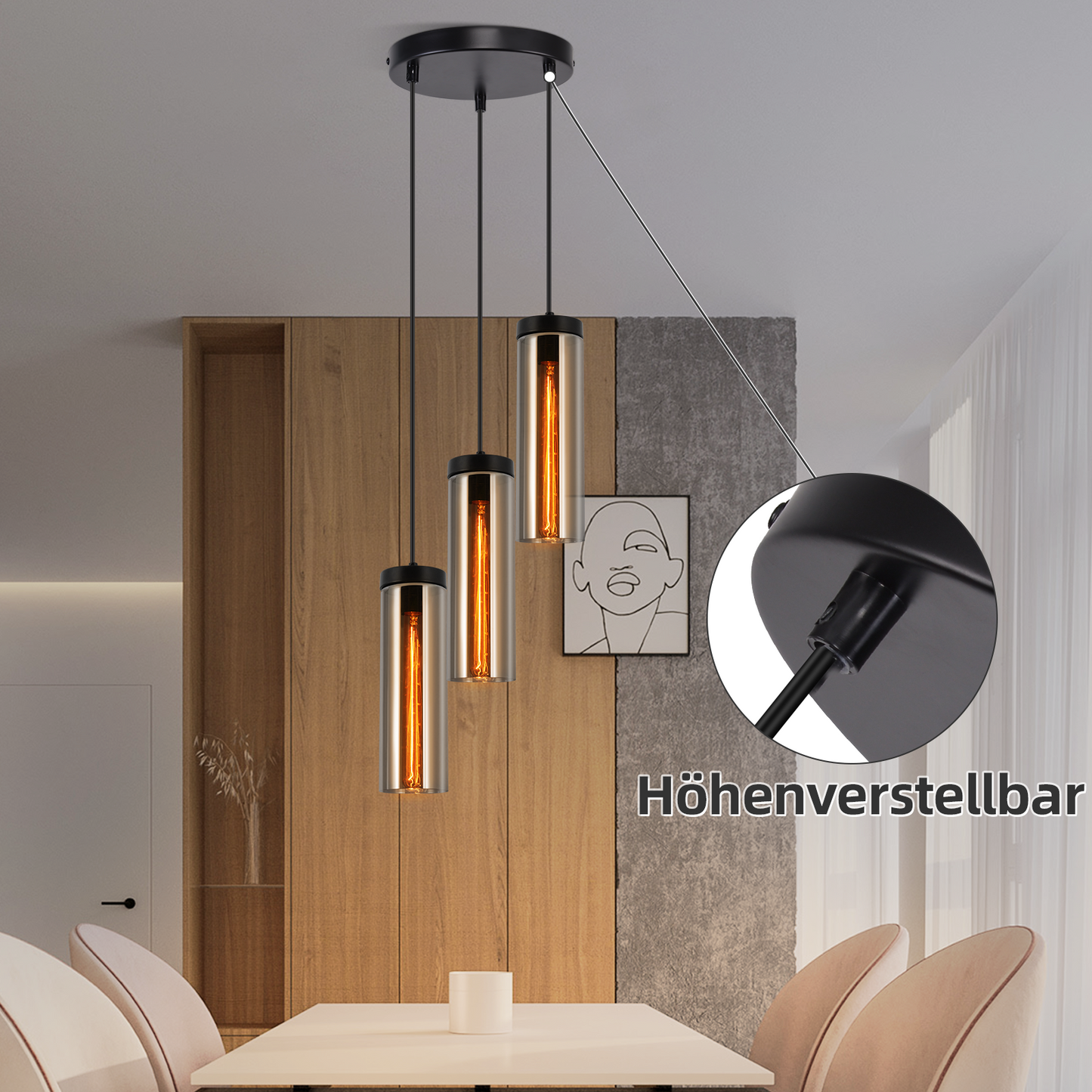 H?ngelampe Esstischlampe Schwarz - 3 Flammig Pendelleuchte Esstisch H?henverstellbar E27 h?ngeleuchte H?ngend Glas f¨¹r K¨¹chen Schlafzimmer Wohnzimmer (ohne Leuchtmittel)