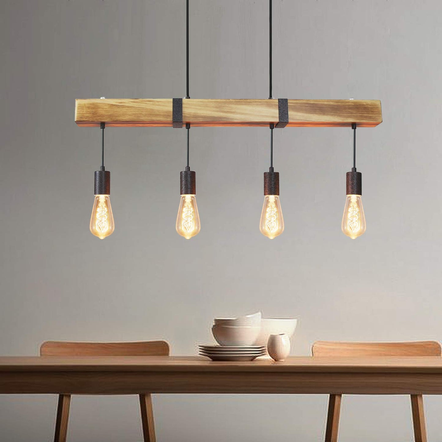ZMH Vintage Pendelleuchte Holz Esstischlampe Retro H?ngeleuchte mit 80CM Holzbalken 4 x E27 max. 25 Watt H?ngelampe Industrial Pendellampe f¡§1r Esszimmer K¡§1che Wohnzimmer Bar Restaurant