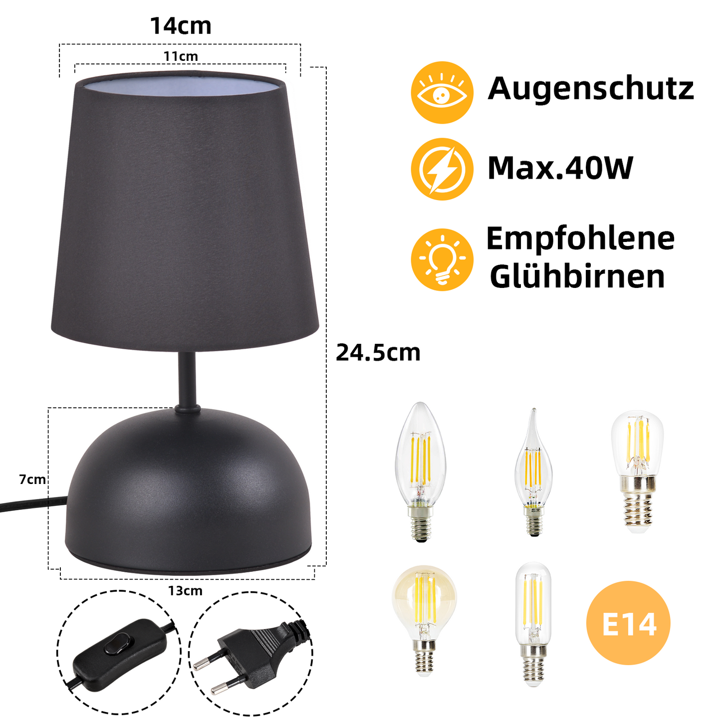 Nachttischlampe 2er Set Tischlampe mit Kabel - Tischleuchte Schwarz Klein Nachtlampe Schlafzimmer Stoff Bettlampe Modern Design Schreibtischlampe f¨¹r Wohnzimmer B¨¹ro Bett Tisch Fenster Hotel