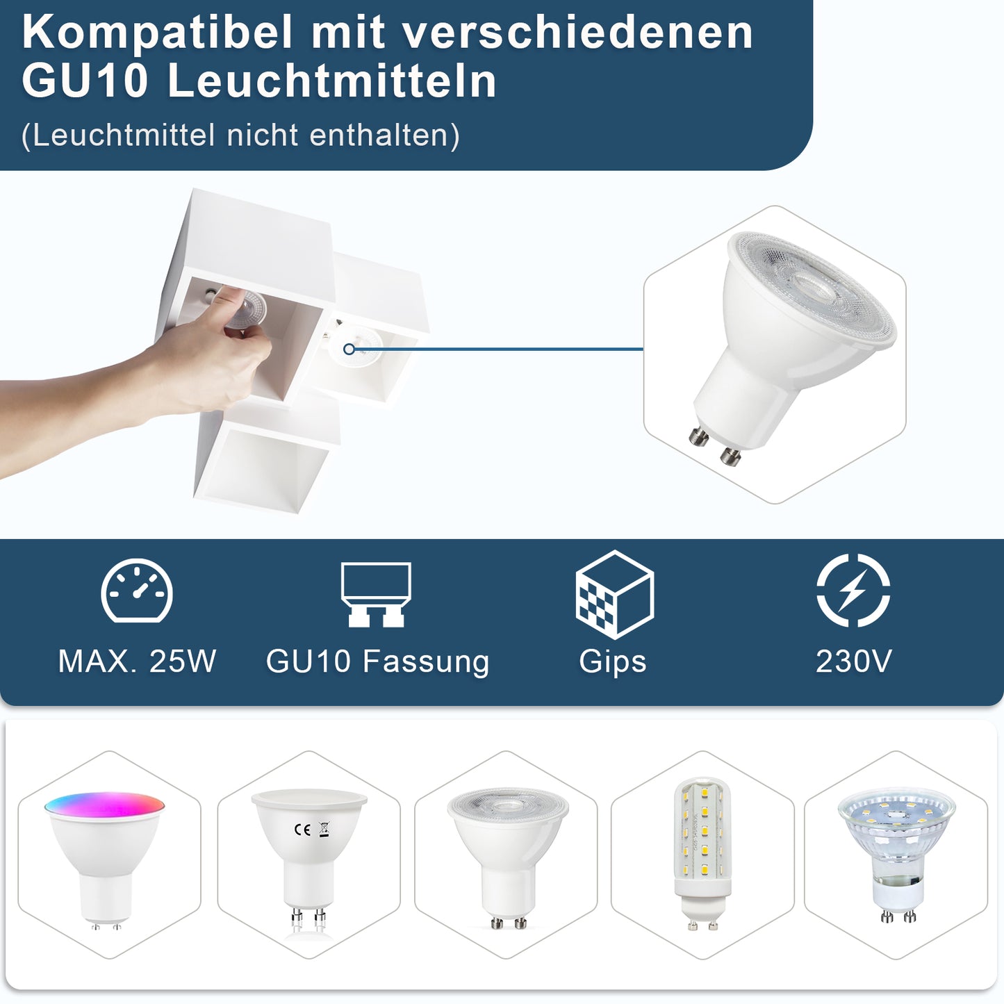 ZMH Aufbauspot Wei? Aufbaustrahler GU10: Deckenleuchte Aufputz 23cm Aufbauleuchte eckig Deckenspots 3 flammig Modern Strahler Deckenlampe K¨¹che Deckenstrahler f¨¹r Wohnzimmer - Ohne Leuchtmittel