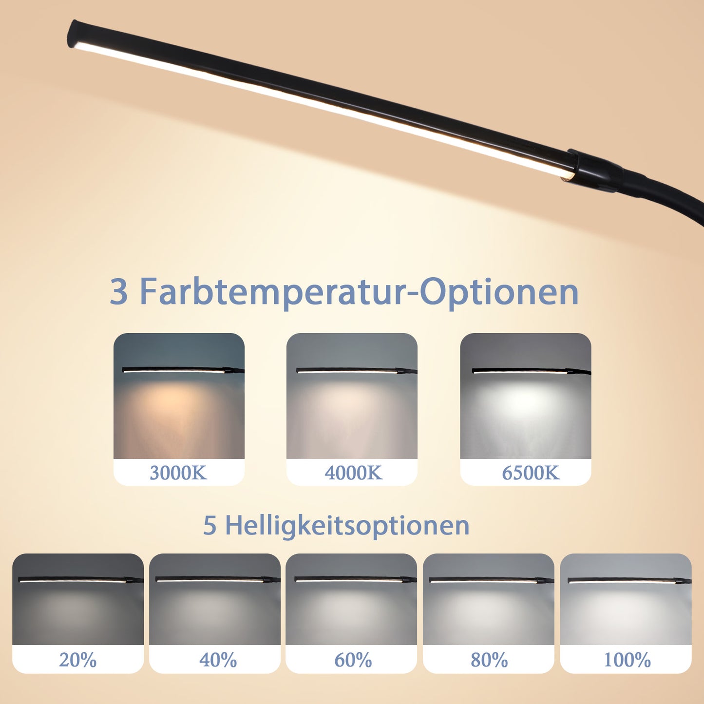 ZMH Schreibtischlampe LED Klemmbar - Schreibtischleuchte Schwarz 3 Farben und 5 Helligkeitsstufen USB 5W Tageslichtlampe Augenschutz Schwanenhals Tischlampe f¨¹r B¨¹ro Arbeitszimmer Schneider