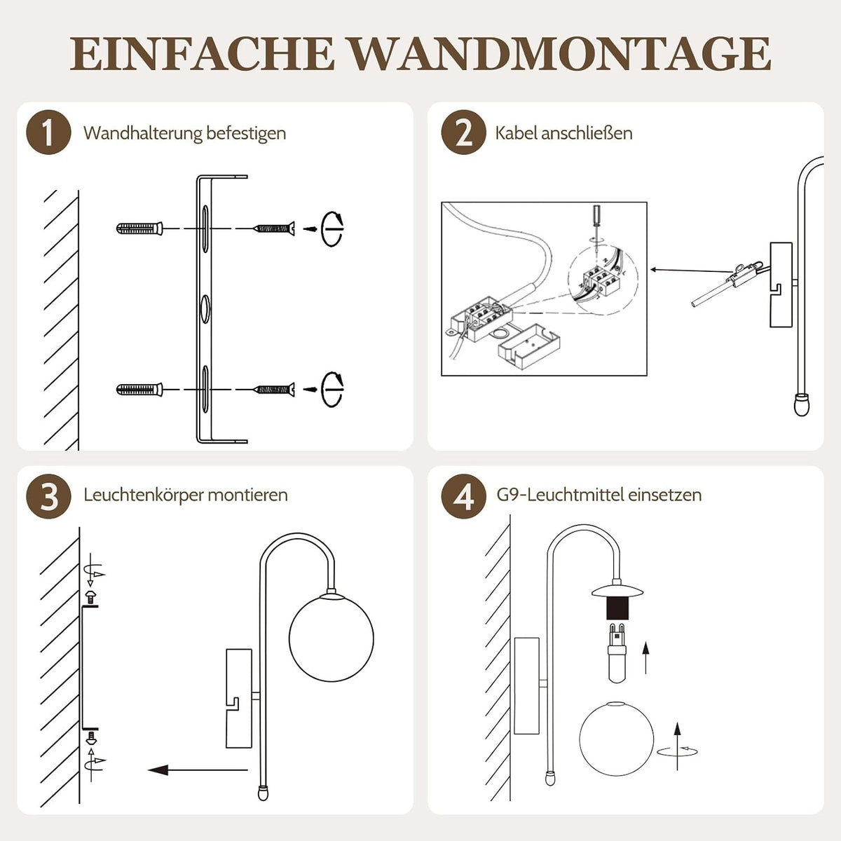ZMH Wandleuchte Innen Wandlampe Schlafzimmer G9 Flurlampe Gold Glaskugel
