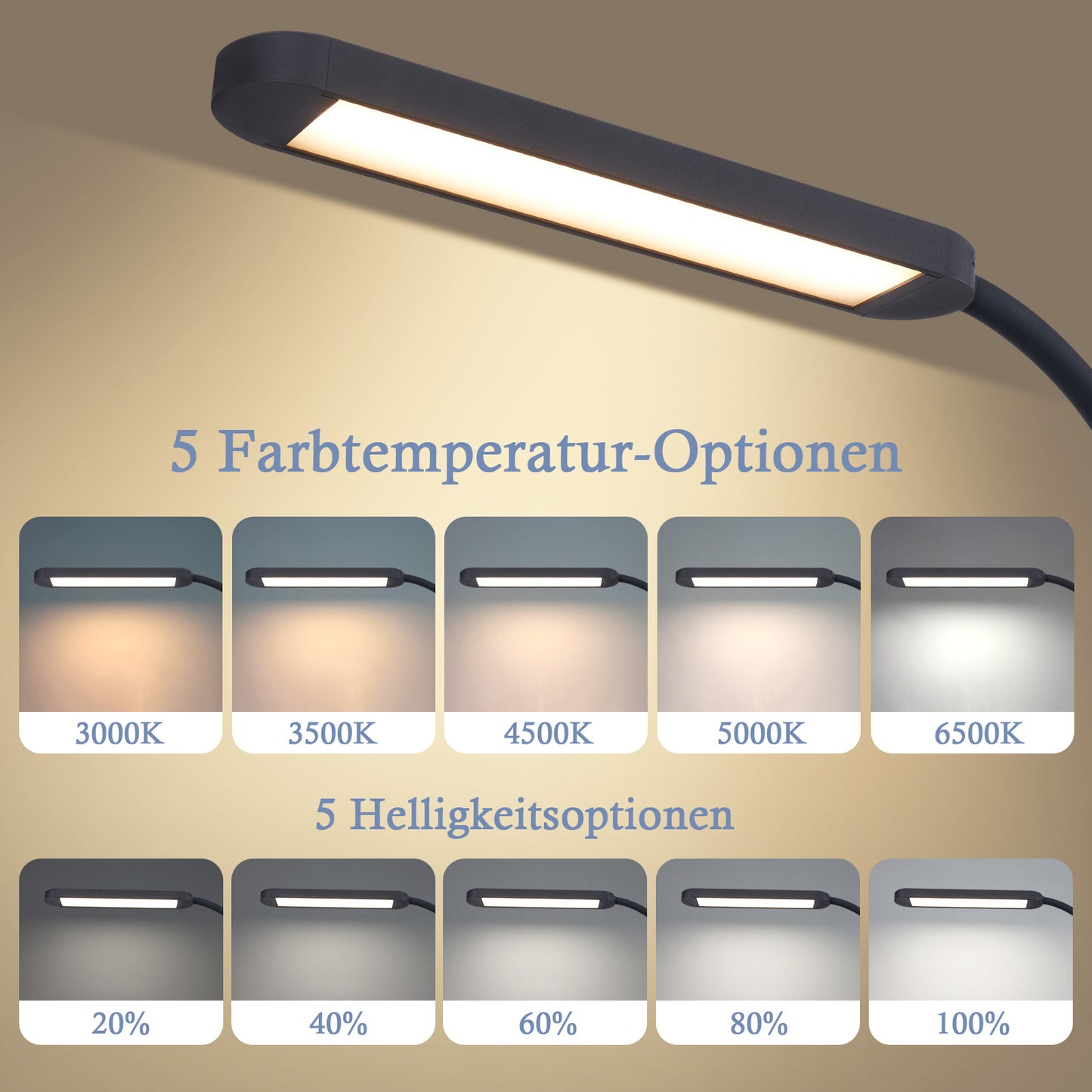 ZMH Schreibtischlampe LED Klemmbar - Dimmbar Schreibtischleuchte Schwarz 5 Farben und 5 Helligkeitsstufen 11W Tageslichtlampe Augenschutz Schwanenhals Tischlampe f¨¹r B¨¹ro Arbeitszimmer Schneider