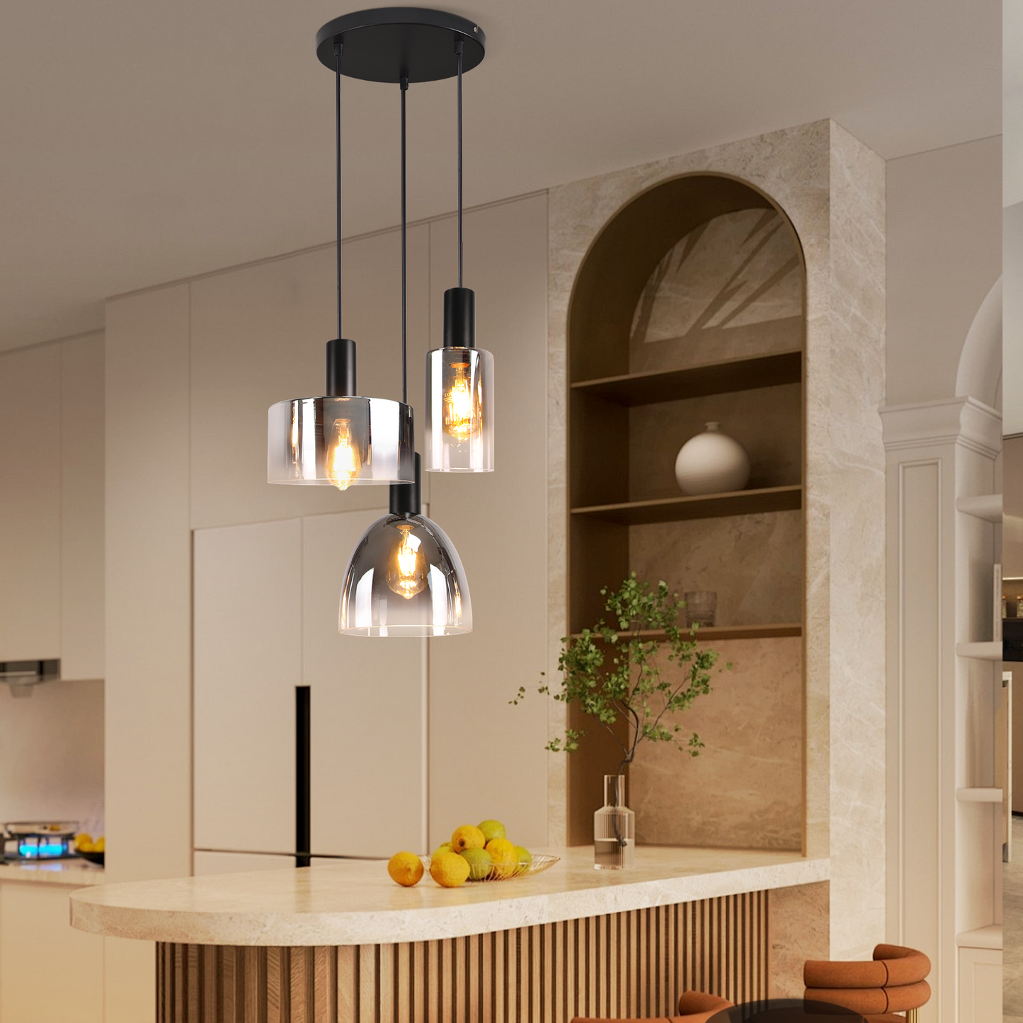 Pendelleuchte Wohnzimmer H?ngelampe 3 Flammig H?ngeleuchte-E27 Vintage Esszimmerlampe H?ngend Pendellampe H?henverstellbar Rauchgrau Glas f¨¹r Schlafzimmer Wohnzimmer (ohne Leuchtmittel)