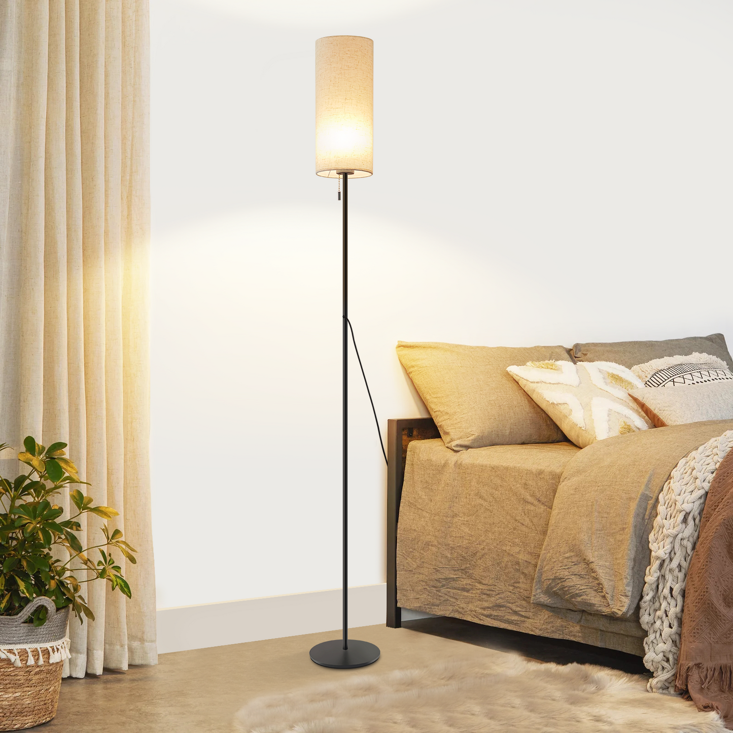 ZMH Stehlampe Wohnzimmer Dimmbar Stehleuchte: LED Standleuchte 3 Farbtemperaturen Vintage Beige Lampenschirm Standlampe mit Seilzugschalter Retro Stoff Leselampe f¨¹r Schlafzimmer Esszimmer B¨¹ro