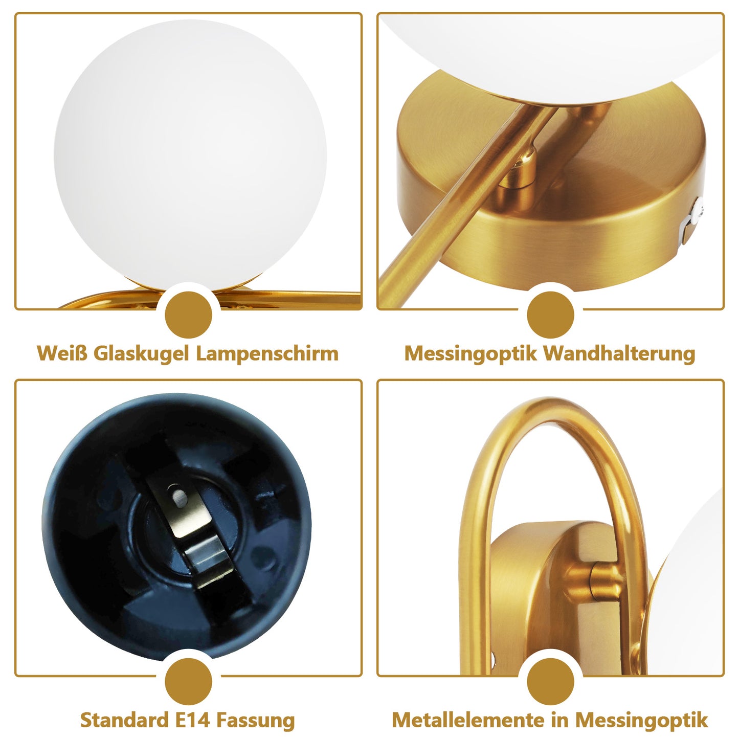 Wandleuchte Innen Wandlampe Flur - Glas Schlafzimmer Wandbeleuchtung Gold Modern Flurlampe Wand Lampen E14 Glaskugel Retro Beleuchtung f¨¹r Treppenhaus Bett Wohnzimmer Hotel (Ohne Leuchtmittel)