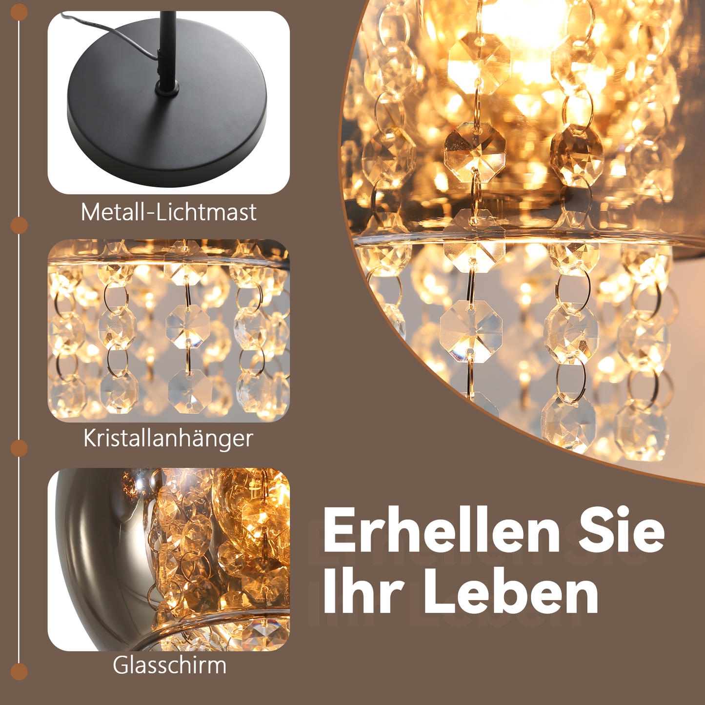 ZMH Stehlampe Wohnzimmer Stehleuchte Schlafzimmer - E27 Standleuchte Rauchgrau Gro? Standlampe Modern mit Fu?schalter Design Glaskugel Glas Kristall f¨¹r B¨¹ro Sofa Kinderzimmer Hotel(Ohne Leuchtmittel)