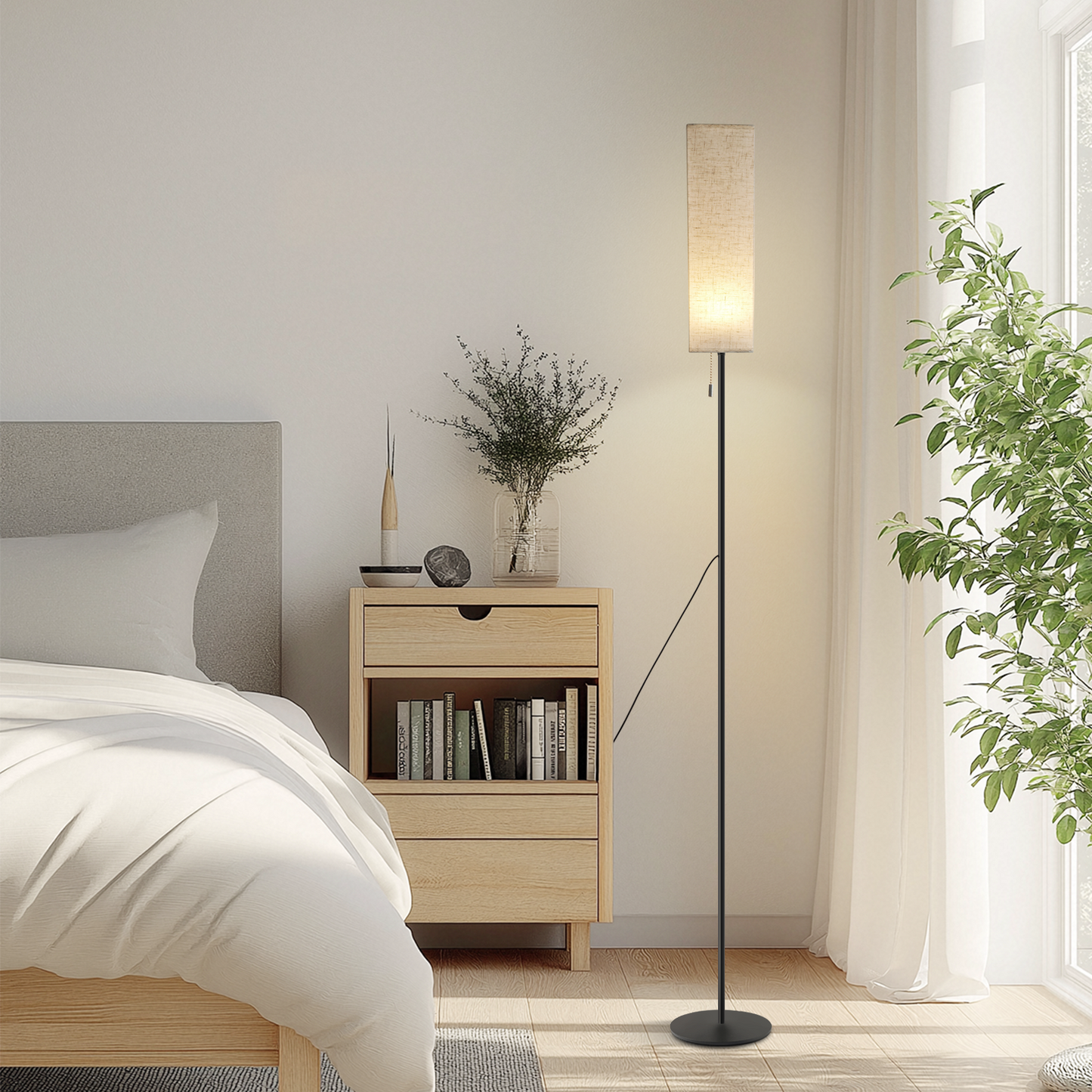 ZMH Stehlampe Wohnzimmer LED Stehleuchte: Dimmbar Standleuchte Vintage Standlampe Beige Lampenschirm 3000K-6500K Wohnzimmerlampe Seilzugschalter Retro Stoff Leselampe f¨¹r Schlafzimmer B¨¹ro