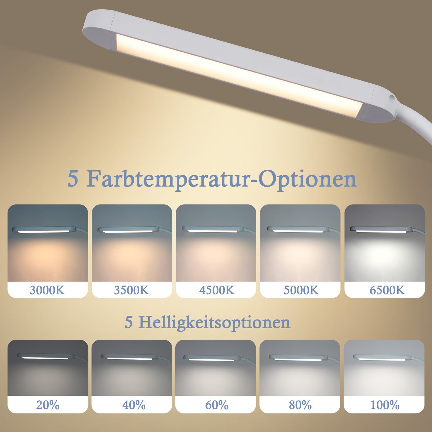 ZMH Schreibtischlampe LED Dimmbar - Klemmbar Tischlampe mit Stecker B¨¹rolampe Tageslichtlampe Wei? 5 Farbtemperatur-Helligkeitsstufen 11W Arbeitsplatzleuchte mit Timerfunktion Nachtlicht-Modus