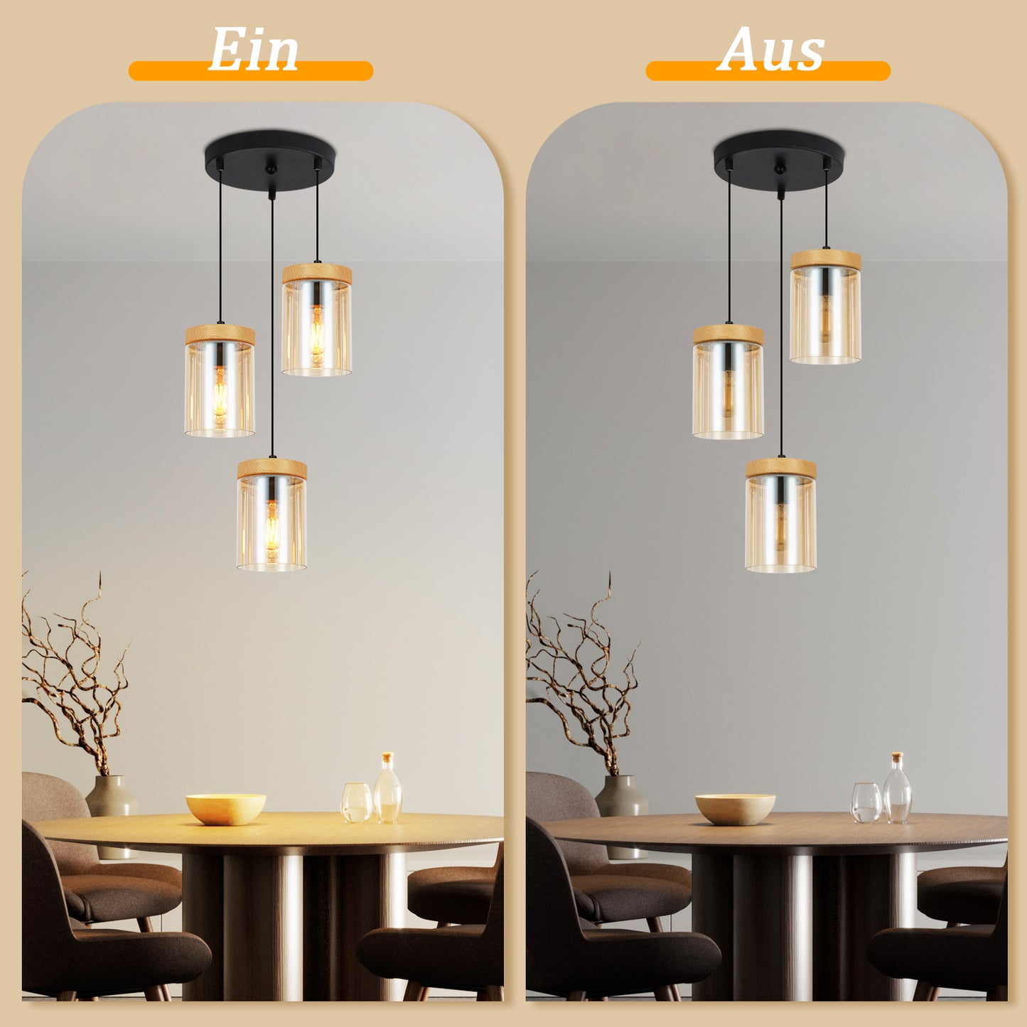 Pendelleuchte Esstisch Esszimmerlampe H?ngend - H?ngelampe Wohnzimmer Glas Esstischlampe Schlafzimmer 3 Flammig E27 H?ngeleuchte Vintage Pendellampe H?henverstellbar f¨¹r K¨¹che(ohne Leuchtmittel)