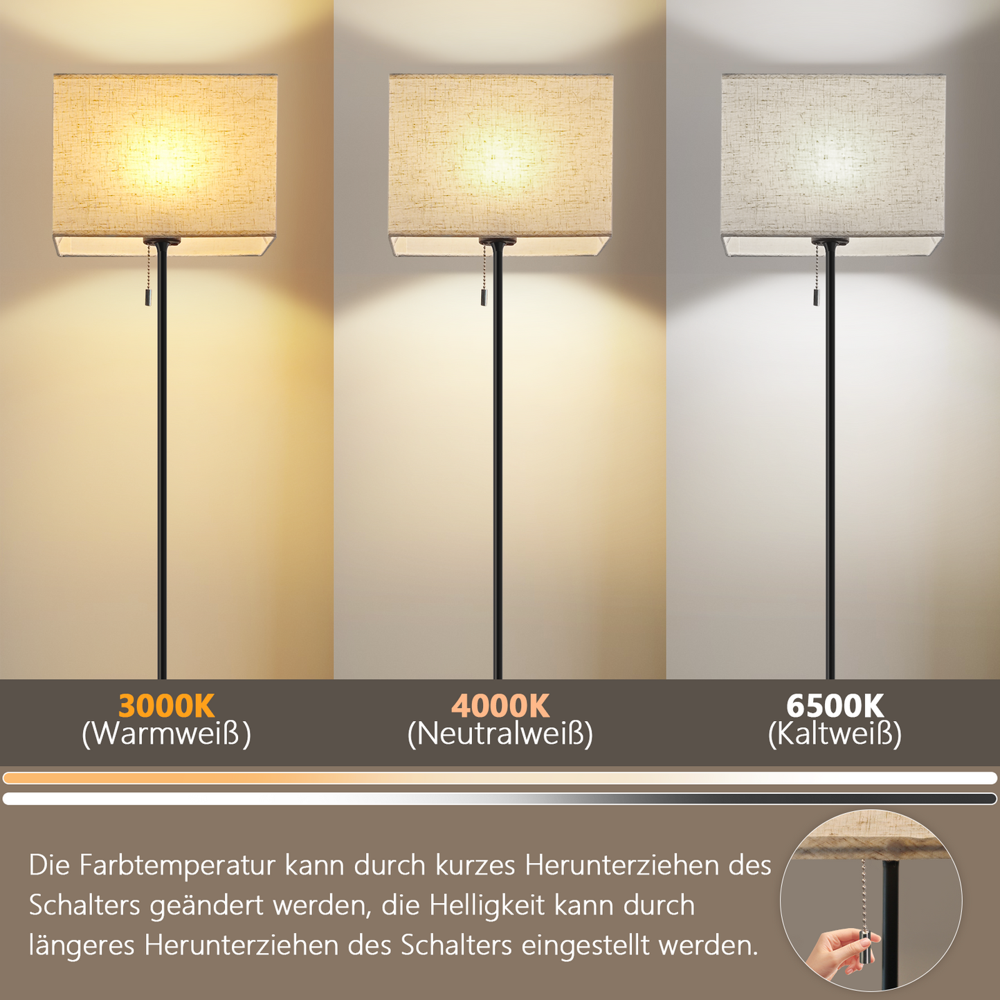 ZMH Stehlampe Wohnzimmer Vintage Stehleuchte: LED Dimmbar Standleuchte 134cm Standlampe Beige Lampenschirm 3000K-6500K Wohnzimmerlampe Seilzugschalter Retro Stoff Leselampe f¨¹r Schlafzimmer B¨¹ro