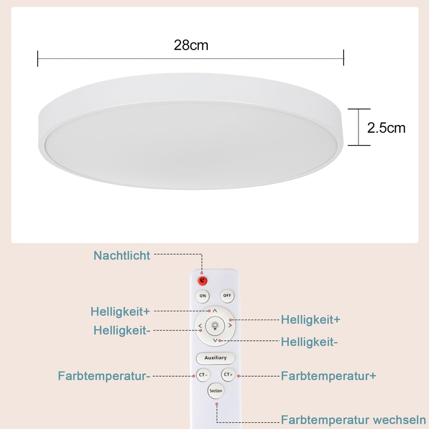 ZMH Deckenlampe LED Deckenleuchte Flach - Schlafzimmerlampe Dimmbar Kellerlampe Badlampe 30W IP44 K¨¹chenlampe Flurlampe ?28cm Rund Badezimmerlampe mit Fernbedienung Wohnzimmer Bad B¨¹ro