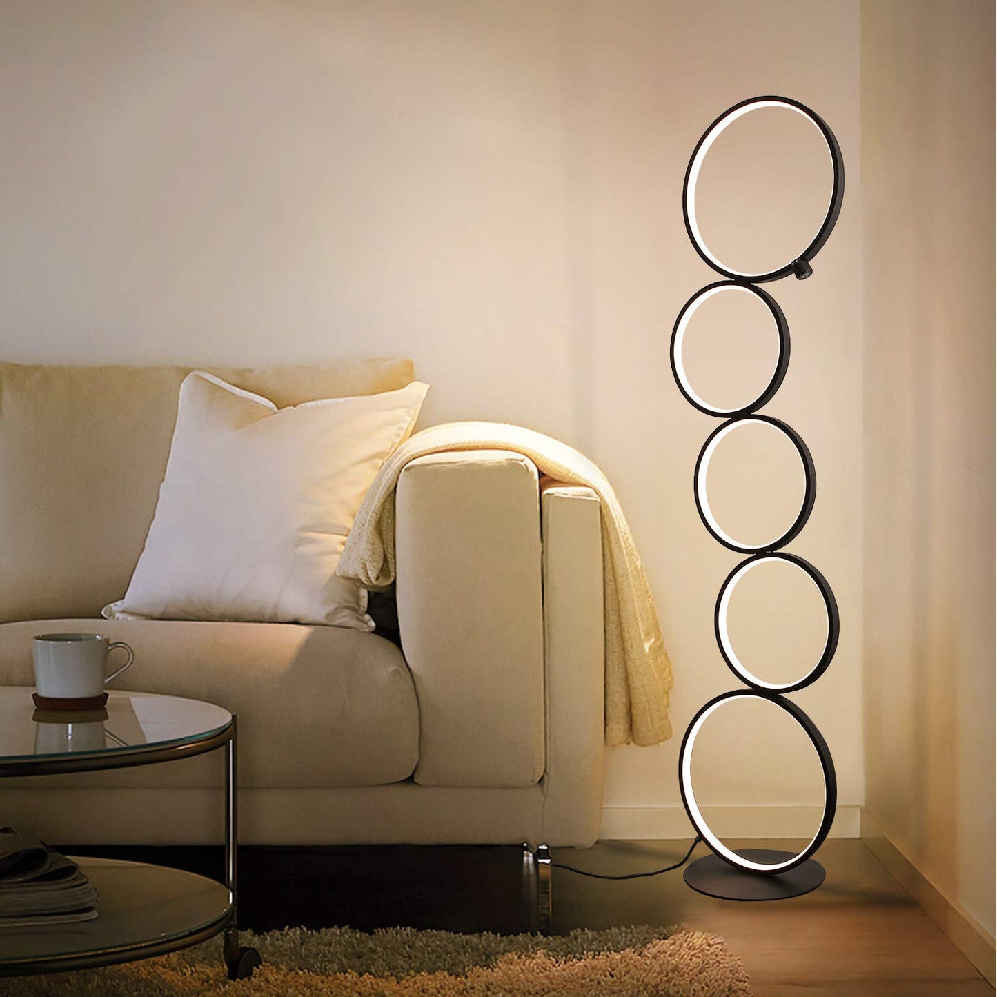 ZMH LED Dimmbar Stehlampe Modern Standlampe 32W Touch Switch Stehleuchte Warmwei? 3000K Aluminium 5-flammig Ringf?rmige Schwarz Standleuchte f¨¹r Schlafzimmer Wohnzimmer Arbeitszimmer