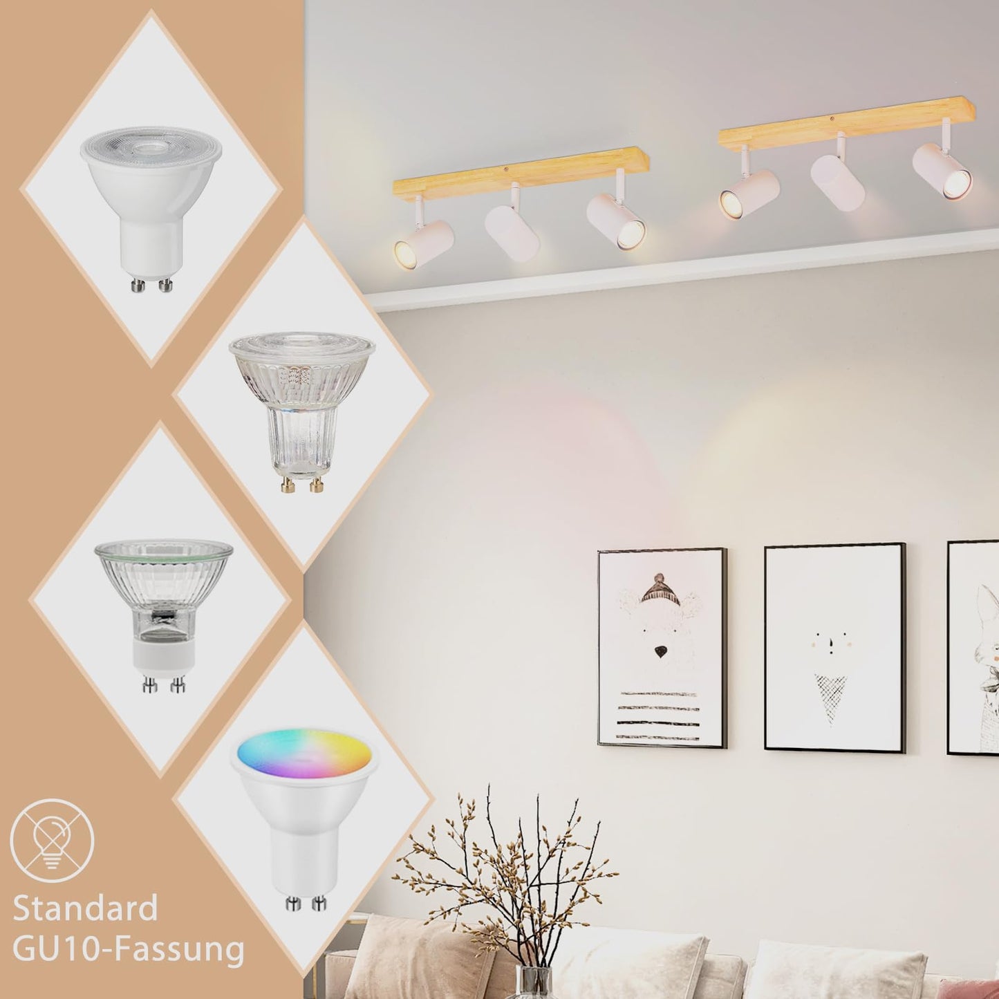 ZMH Deckenleuchte Holz 3 Flammig Deckenstrahler - Modern Deckenlampe GU10 Spots Industrial Wei? Schwenkbar 350¡ã Retro Wandstrahler f¨¹r Schlafzimmer Wohnzimmer Arbeitszimmer Flur K¨¹che