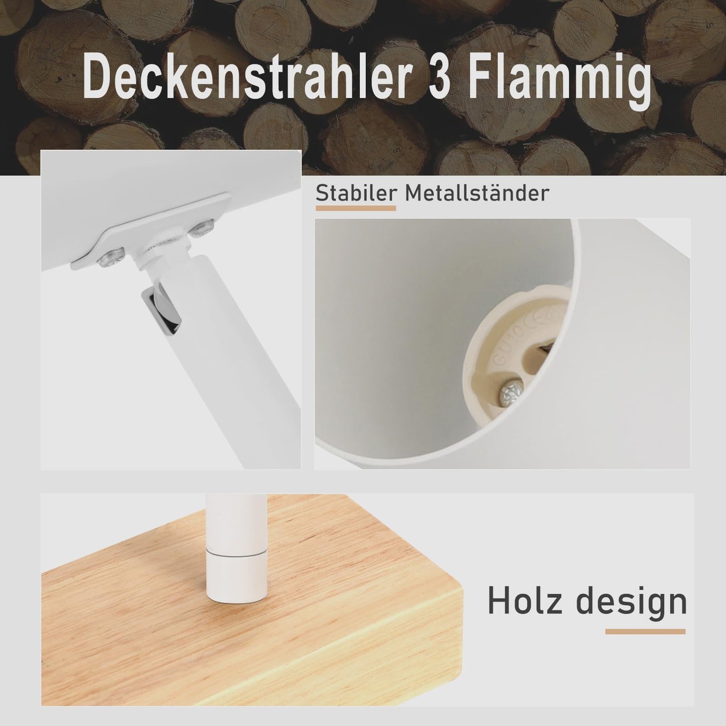 ZMH Deckenleuchte Holz 3 Flammig Deckenstrahler - Modern Deckenlampe GU10 Spots Industrial Wei? Schwenkbar 350¡ã Retro Wandstrahler f¨¹r Schlafzimmer Wohnzimmer Arbeitszimmer Flur K¨¹che