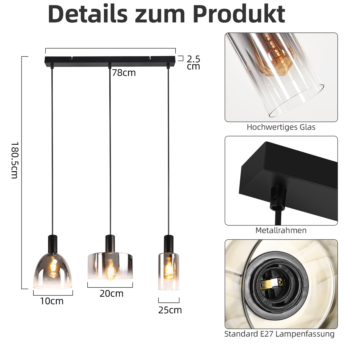 H?ngelampe Esszimmerlampe 3 Flammig H?ngeleuchte- E27 Vintage Esstisch Pendelleuchte H?henverstellbar Glas Schwarz Pendellampe H?ngend f¨¹r Schlafzimmer k¨¹che (ohne Leuchtmittel)