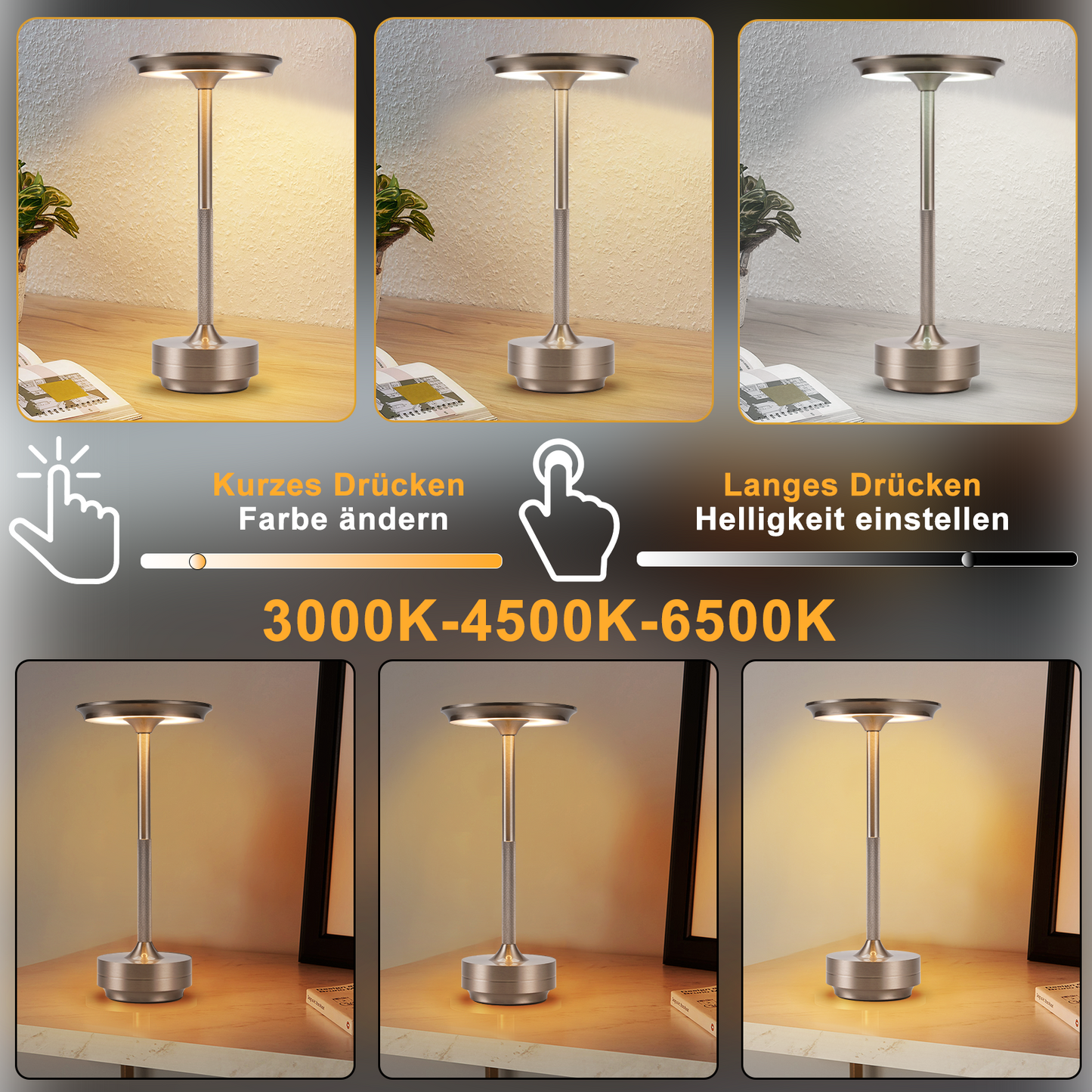 Nachttischlampe Kabellos Tischlampe Akku - LED Tischleuchte Touch Dimmbar Lampe mit USB Aufladbar Batterie Tischlampen Nickel f¨¹r Modern Fensterbank Wohnzimmer Kinderzimmer Schlafzimmer