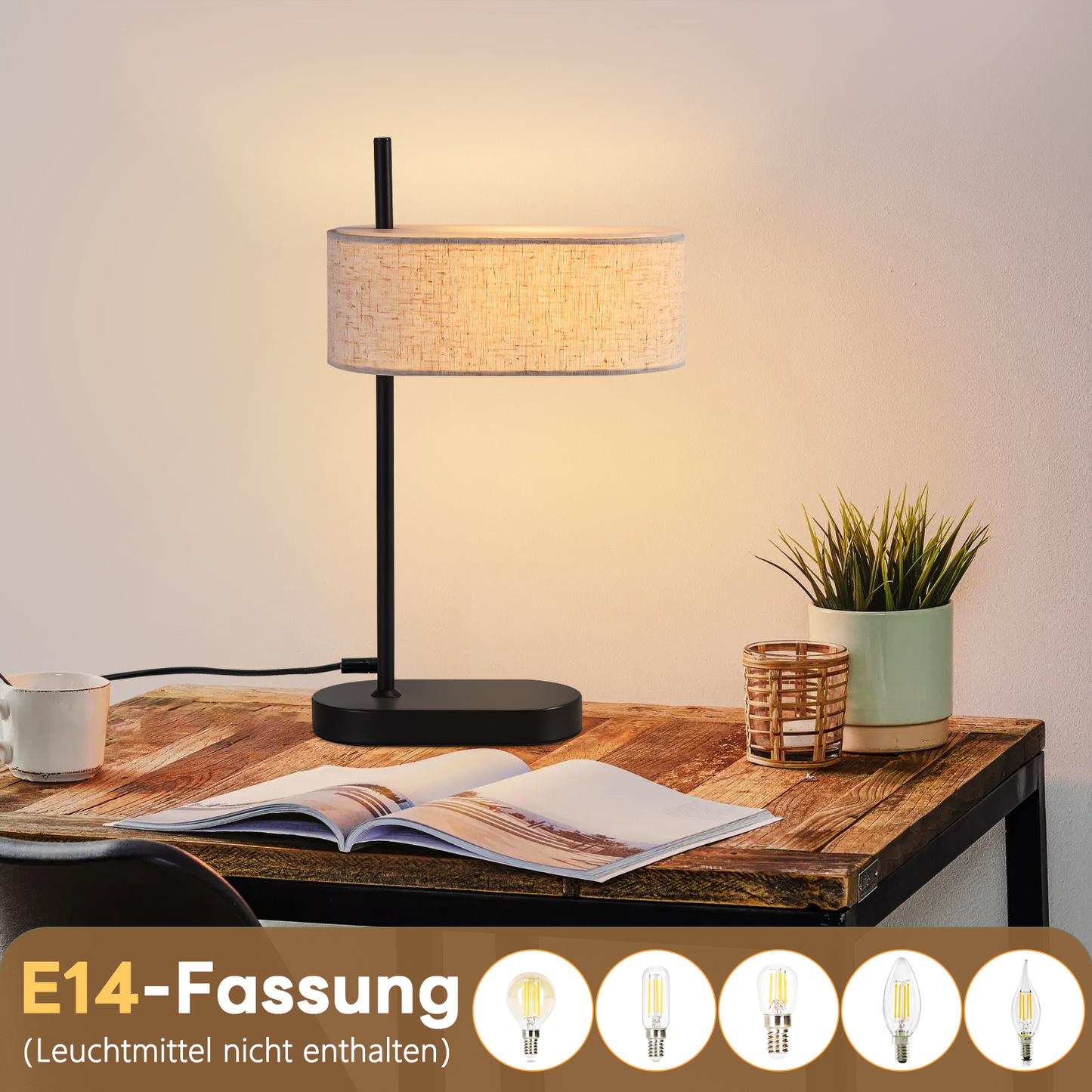 ZMH Nachttischlampe Schlafzimmer Tischlampe Vintage - 2er 44.5cm E14 Schwarz Tischleuchte Leinen Stoffschirm mit Schalter Kabel Retro f¨¹r Wohnzimmer B¨¹ro (ohne Leuchtmittel)
