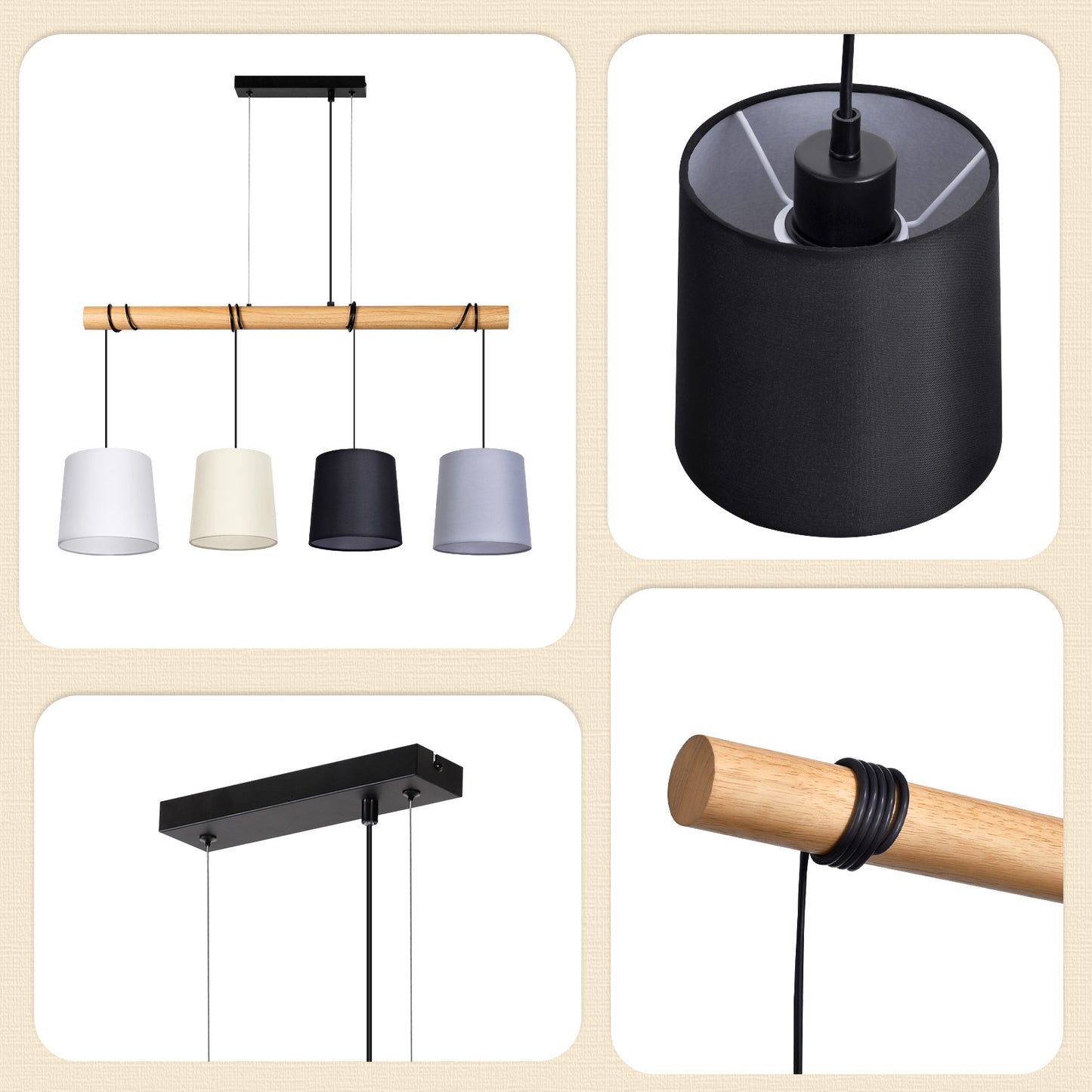 ZMH Pendelleuchte Esstisch H?ngelampe Vintage - Esszimmerlampe Holz E14 H?ngeleuchte 4 Flammig K¨¹che Wei? Esstischlampe aus Stoff Pendellampe Metall f¨¹r Esszimmer Wohnzimmer Arbeitzimmer B¨¹ro