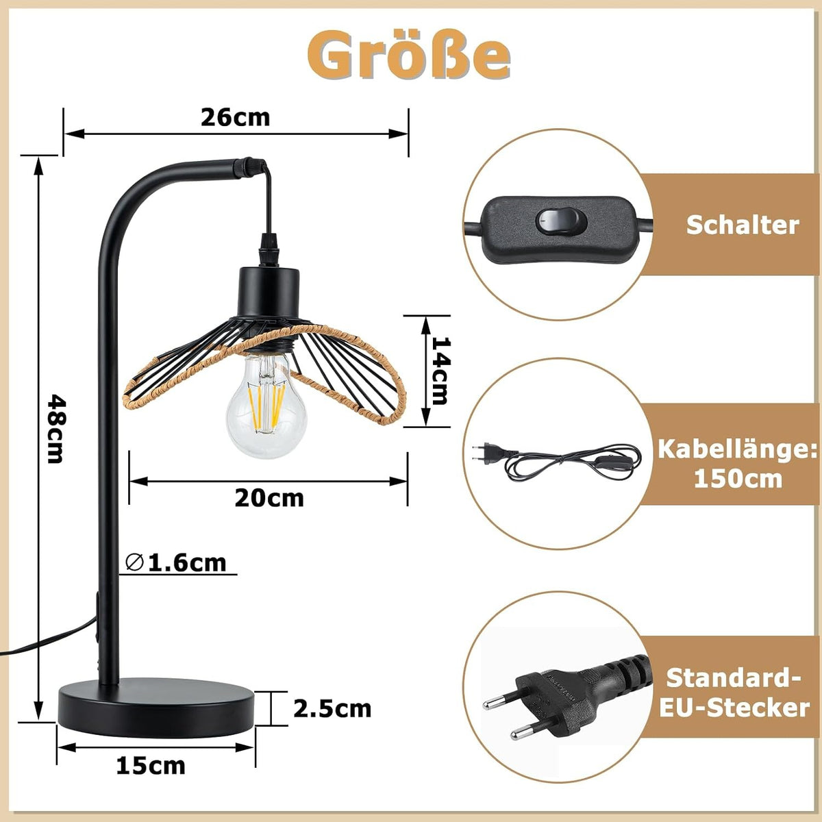 ZMH Tischlampe Schwarz Nachttischlampe Vintage Nachtlampe