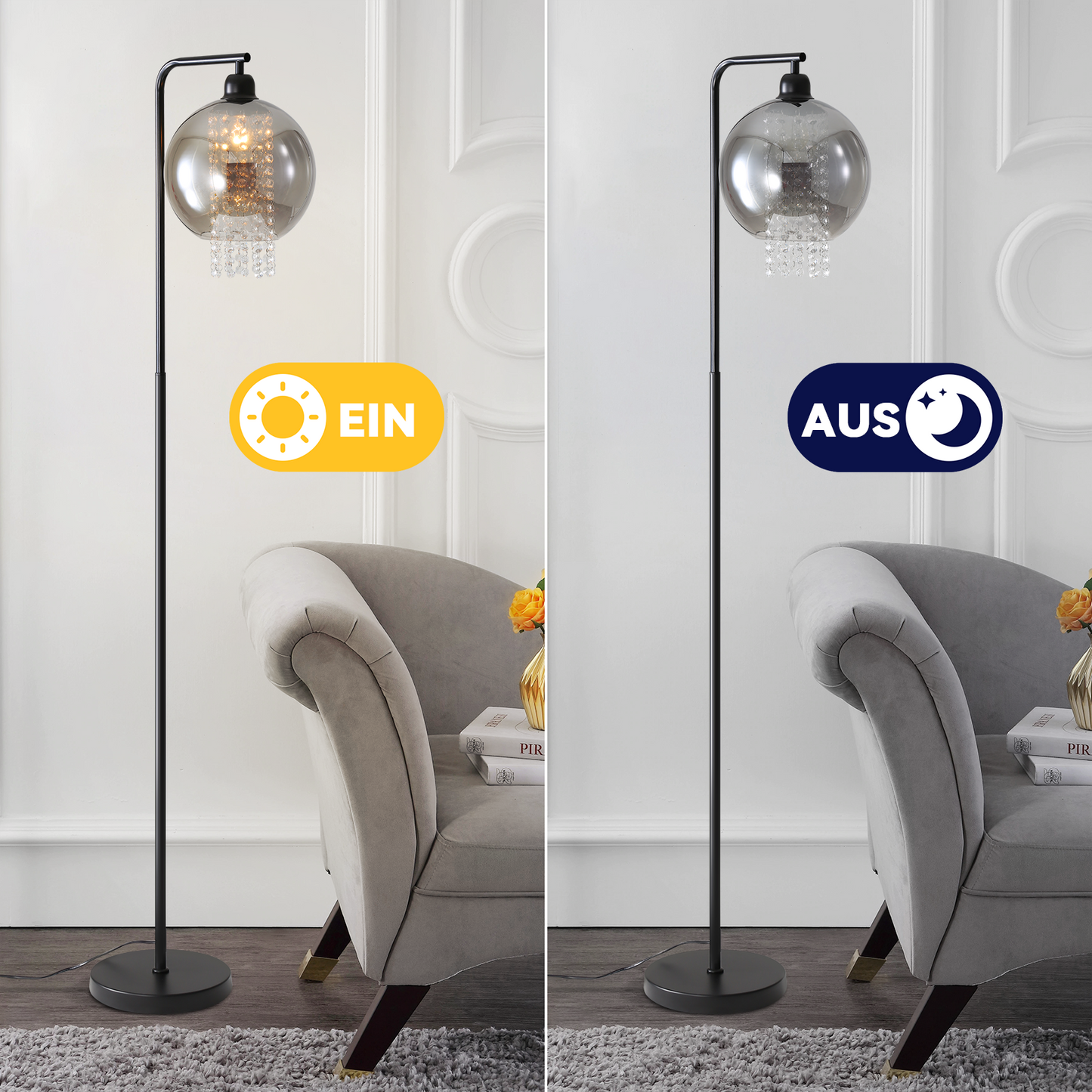 ZMH Stehlampe Wohnzimmer Stehleuchte Schlafzimmer - E27 Standleuchte Rauchgrau Gro? Standlampe Modern mit Fu?schalter Design Glaskugel Glas Kristall f¨¹r B¨¹ro Sofa Kinderzimmer Hotel(Ohne Leuchtmittel)