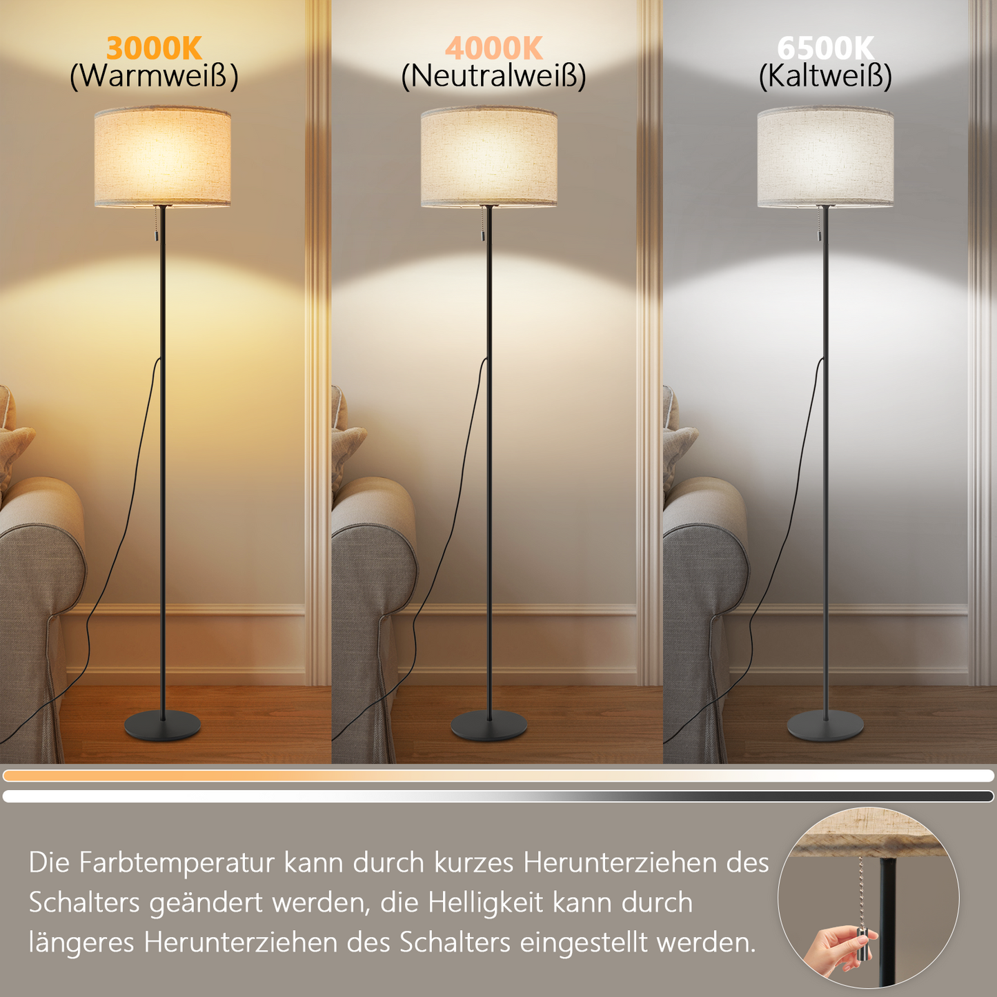 ZMH Stehlampe Wohnzimmer Vintage Stehleuchte: LED Dimmbar Standleuchte 136cm Standlampe Beige Lampenschirm 3000K-6500K Wohnzimmerlampe Seilzugschalter Retro Stoff Leselampe f¨¹r Schlafzimmer B¨¹ro