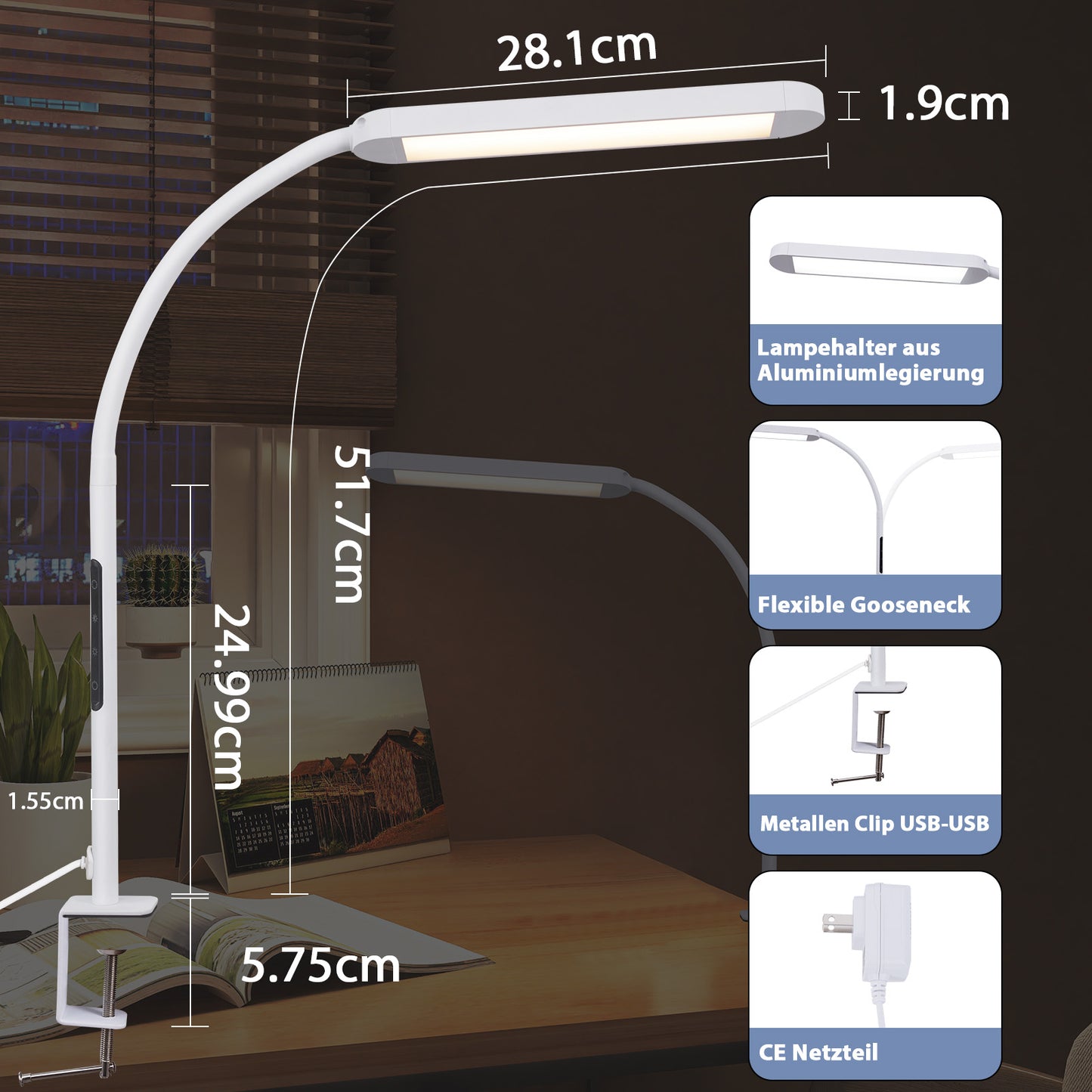 ZMH Schreibtischlampe LED Dimmbar - Klemmbar Tischlampe mit Stecker B¨¹rolampe Tageslichtlampe Wei? 5 Farbtemperatur-Helligkeitsstufen 11W Arbeitsplatzleuchte mit Timerfunktion Nachtlicht-Modus