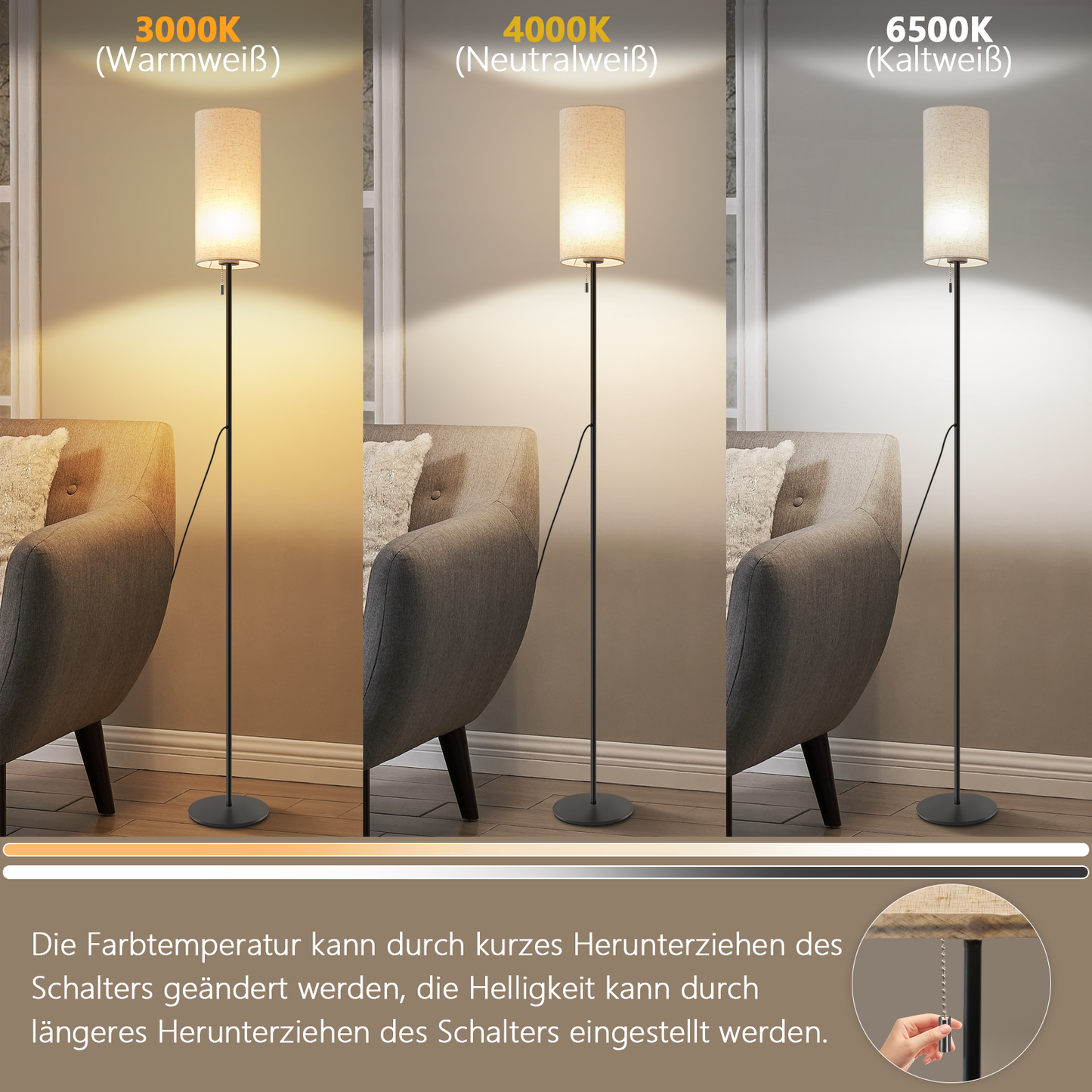 ZMH Stehlampe Wohnzimmer Dimmbar Stehleuchte: LED Standleuchte 3 Farbtemperaturen Vintage Beige Lampenschirm Standlampe mit Seilzugschalter Retro Stoff Leselampe f¨¹r Schlafzimmer Esszimmer B¨¹ro