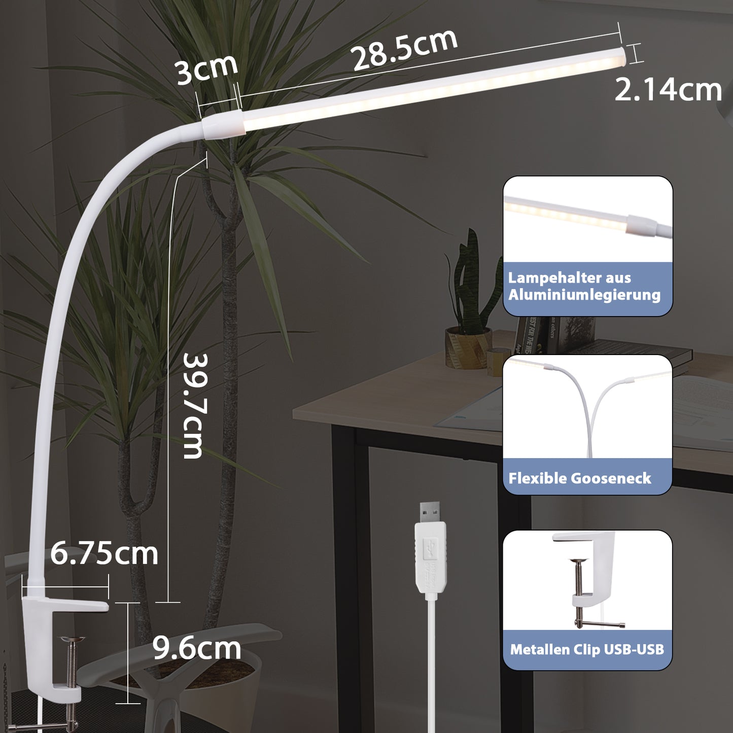 ZMH Schreibtischlampe LED Klemmbar - Wei? Tageslichtlampe Schreibtisch Lampe mit 3 Farbtemperatur und 5 Helligkeitsstufen Tischleuchte USB B¨¹rolampe 5W Arbeitsplatzleuchte Klemmlampe f¨¹r B¨¹ro