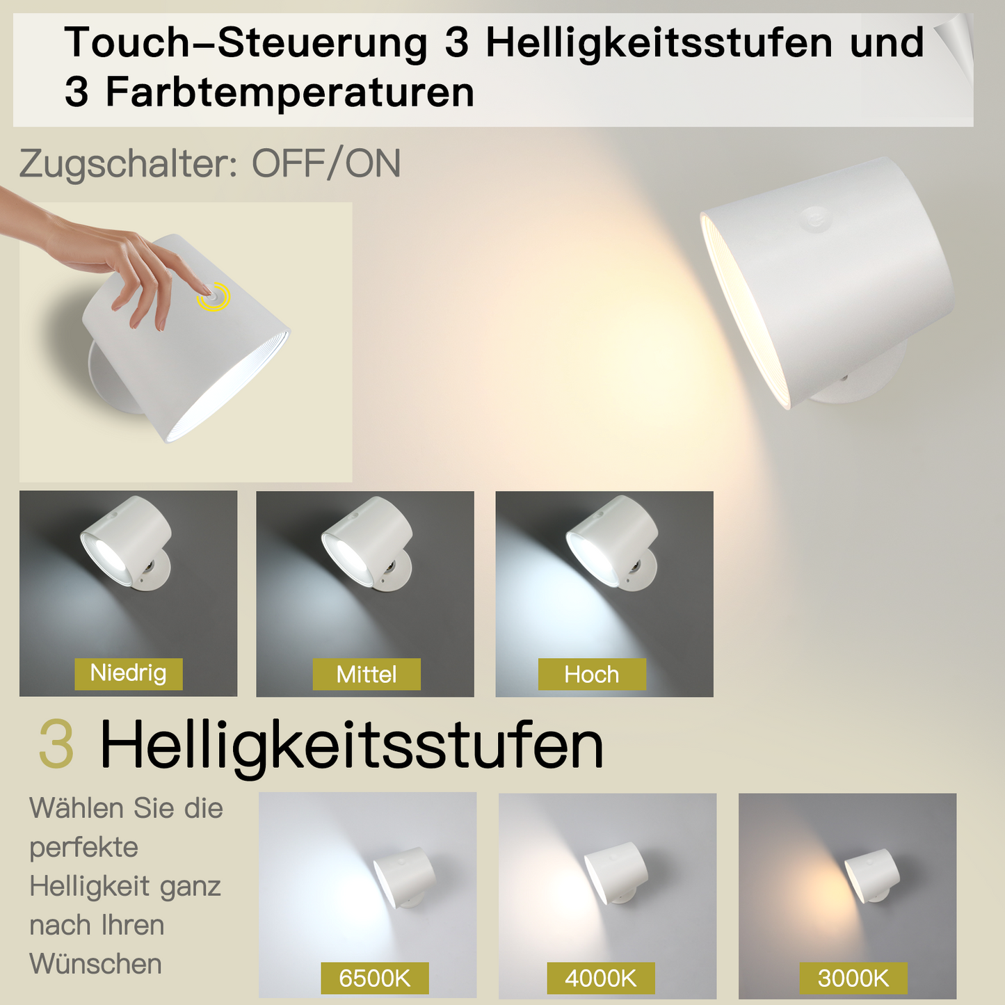 ZMH Wandleuchte Innen Ohne Stromanschluss: LED Wandlampe mit Schalter Akku Leselampe Wei? Kabellos Wandbeleuchtung Touch Dimmbar Wandlicht Batteriebetrieben Wandstrahler f¨¹r Schlafzimmer Flur