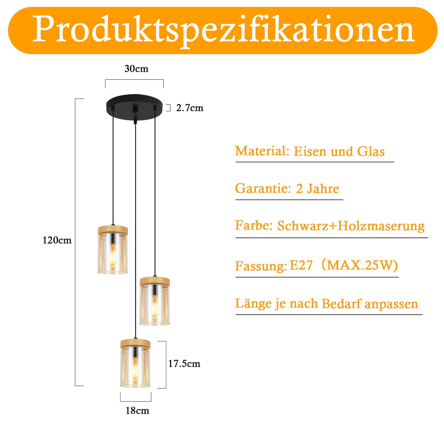 Pendelleuchte Esstisch Esszimmerlampe H?ngend - H?ngelampe Wohnzimmer Glas Esstischlampe Schlafzimmer 3 Flammig E27 H?ngeleuchte Vintage Pendellampe H?henverstellbar f¨¹r K¨¹che(ohne Leuchtmittel)