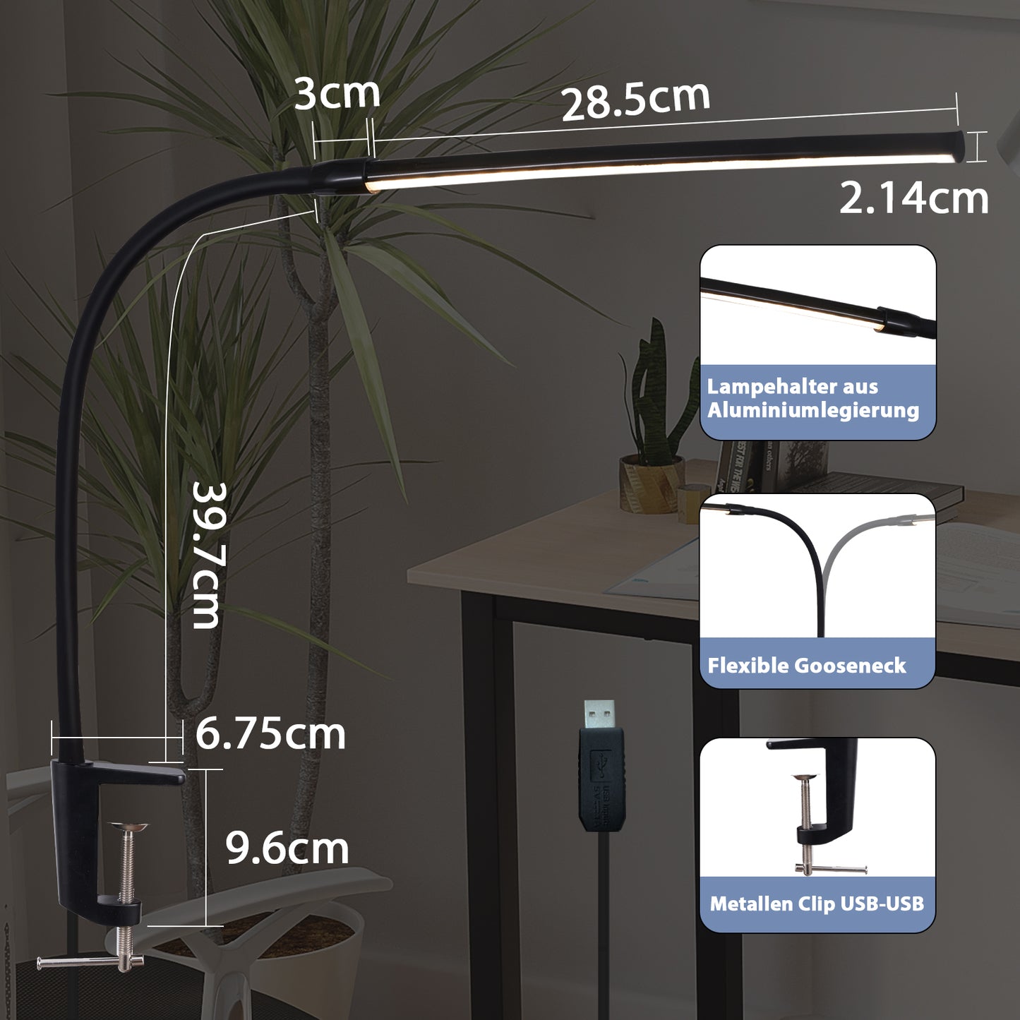 ZMH Schreibtischlampe LED Klemmbar - Schreibtischleuchte Schwarz 3 Farben und 5 Helligkeitsstufen USB 5W Tageslichtlampe Augenschutz Schwanenhals Tischlampe f¨¹r B¨¹ro Arbeitszimmer Schneider
